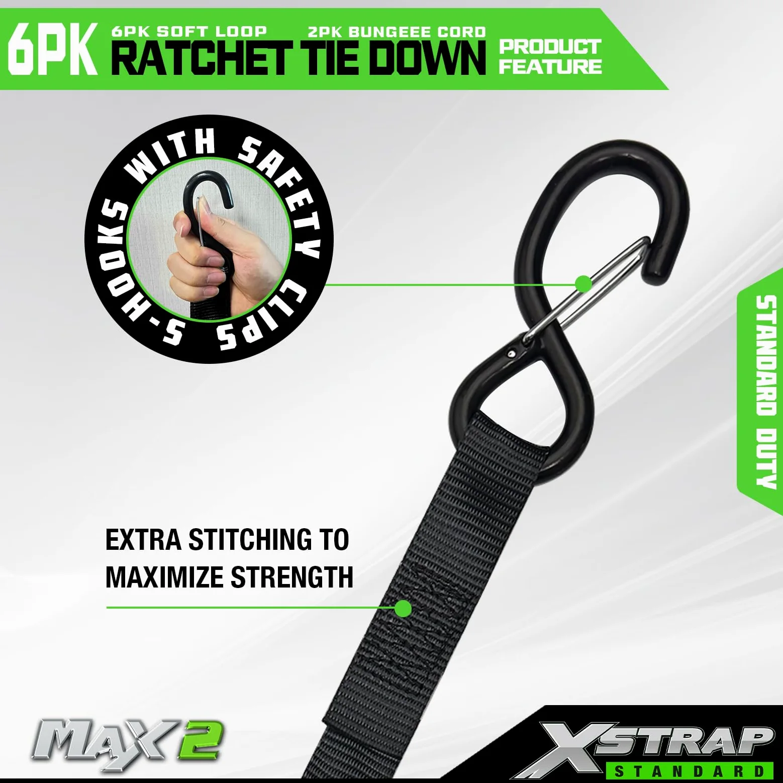 XSTRAP Standard Spanngurte mit Ratsche – 6 Stück, 2,5 cm x 4,8 m – 857 kg Bruchfestigkeit, Sicherheitsverriegelung, S-Haken, mit 6 weichen Schlaufen, 2 Bungee-Schnüre, logistische Cargogurte für
