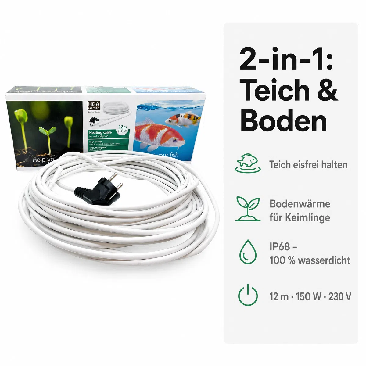 Pondlife Heizkabel 12 m, Teichheizung mit 150 W, IP68 wasserdicht, doppelte Silikon-Isolierung, Eisfreihalter für Gartenteich und Bodenwärme im Gewächshaus, Schuko-Stecker