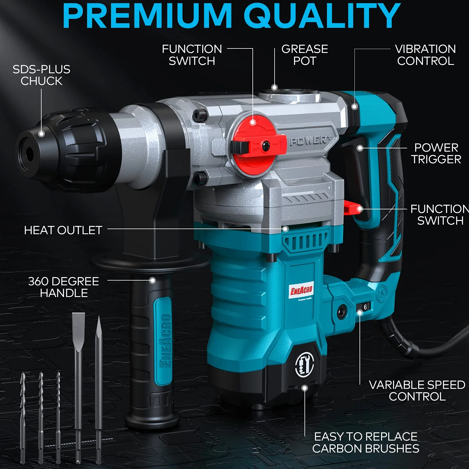 ENEACRO SDS-Plus Bohrhammer, 1500W 6Joule Abbruchhammer 6 Variable Geschwindigkeit 0-920U/Min mit 4 Funktionen, Anti-Vibrationsgriff und Sicherheitskupplung, 32 mm Bohrleistung in Beton