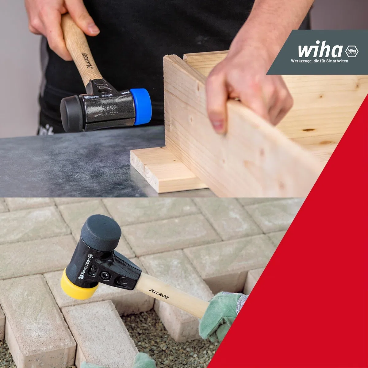Wiha Schonhammer Set Safety I Hickory-Holzstiel I Rund-Schlagkopf Ø 40 mm I Gummihammer mit gemischten Schlagköpfen 9-teilig in Box (44008)