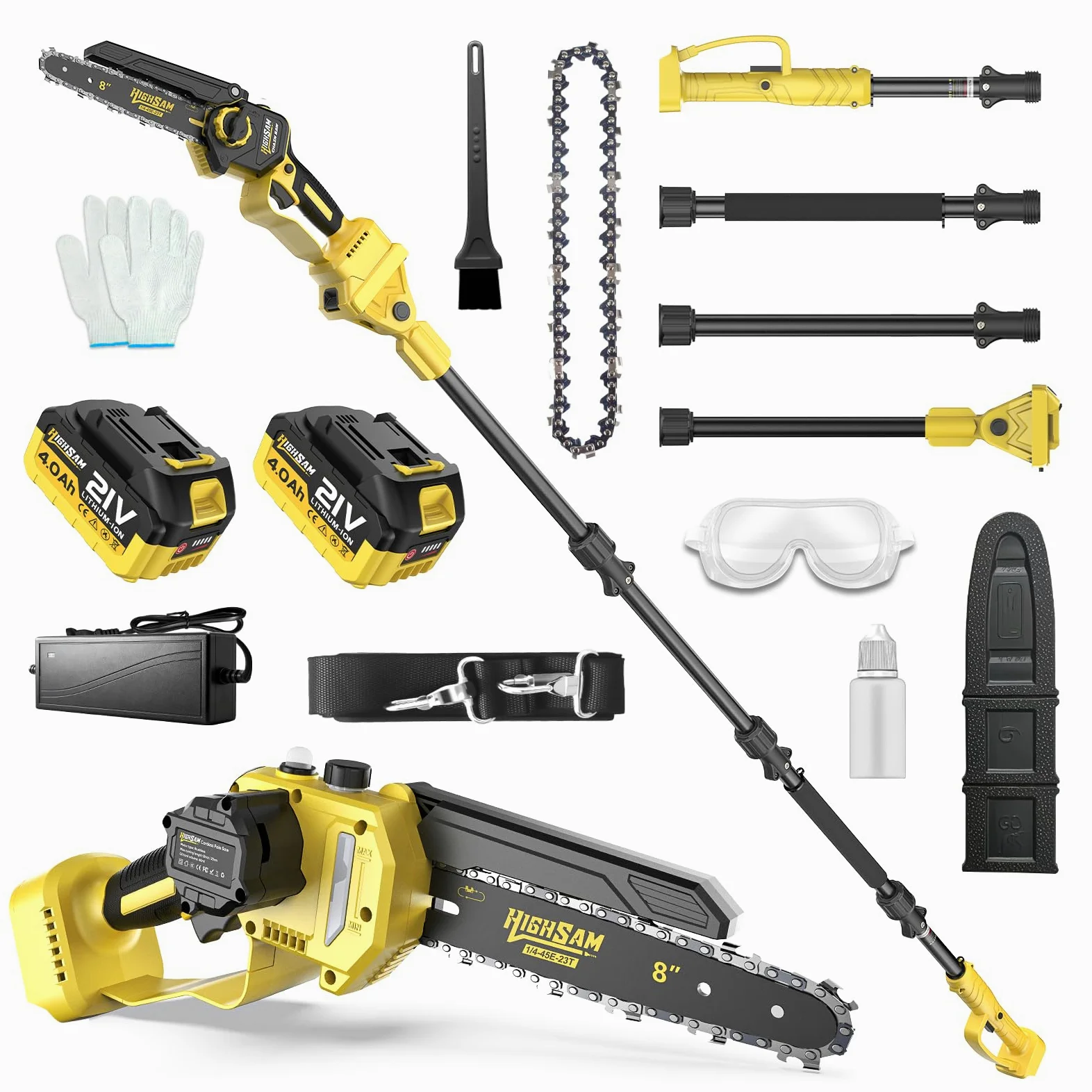 2-in-1 Akku Kettensäge & Astsäge Akku für Makita 18V, 8 Zoll Bürstenloser Mini Kettensäge mit Akku 2×4.0Ah, Verlägerungsstange Bis 4.2m, 180° Sägekopf, Elektrische Hochentaster für Ast & Holzschneiden