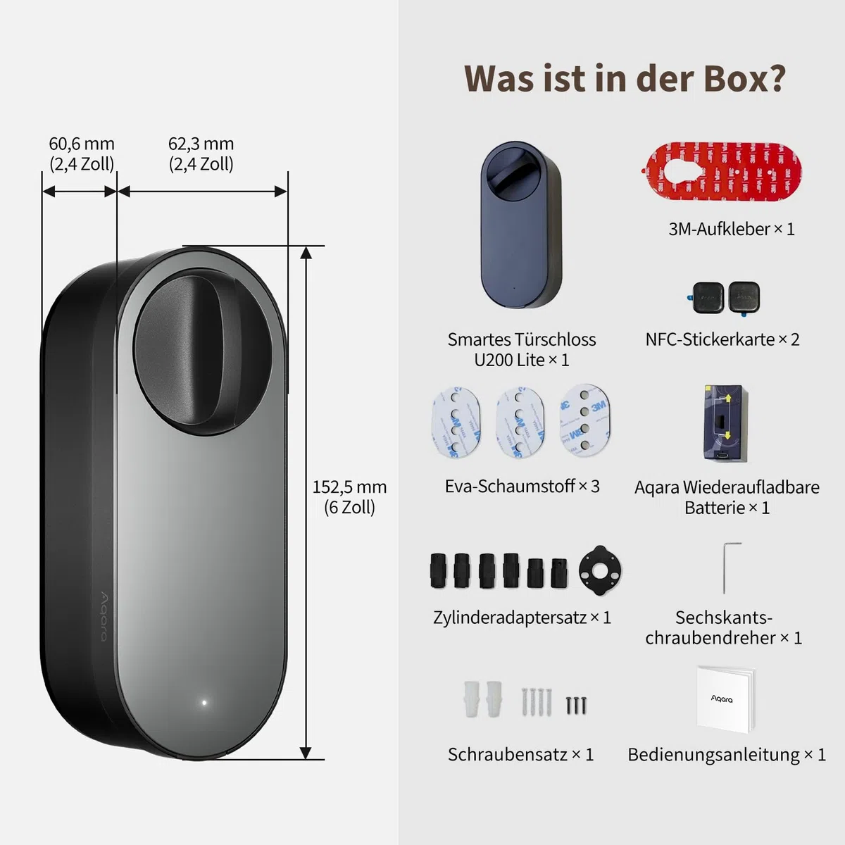 Aqara Smart Lock U200 Lite, Matter over Thread, Smartes Türschloss mit Aufladbarem Akku und Leiser Modus, Elektrisches Türschloss, Unterstützt Apple Home, Home Assistant, Google Home, Alexa, Schwarz