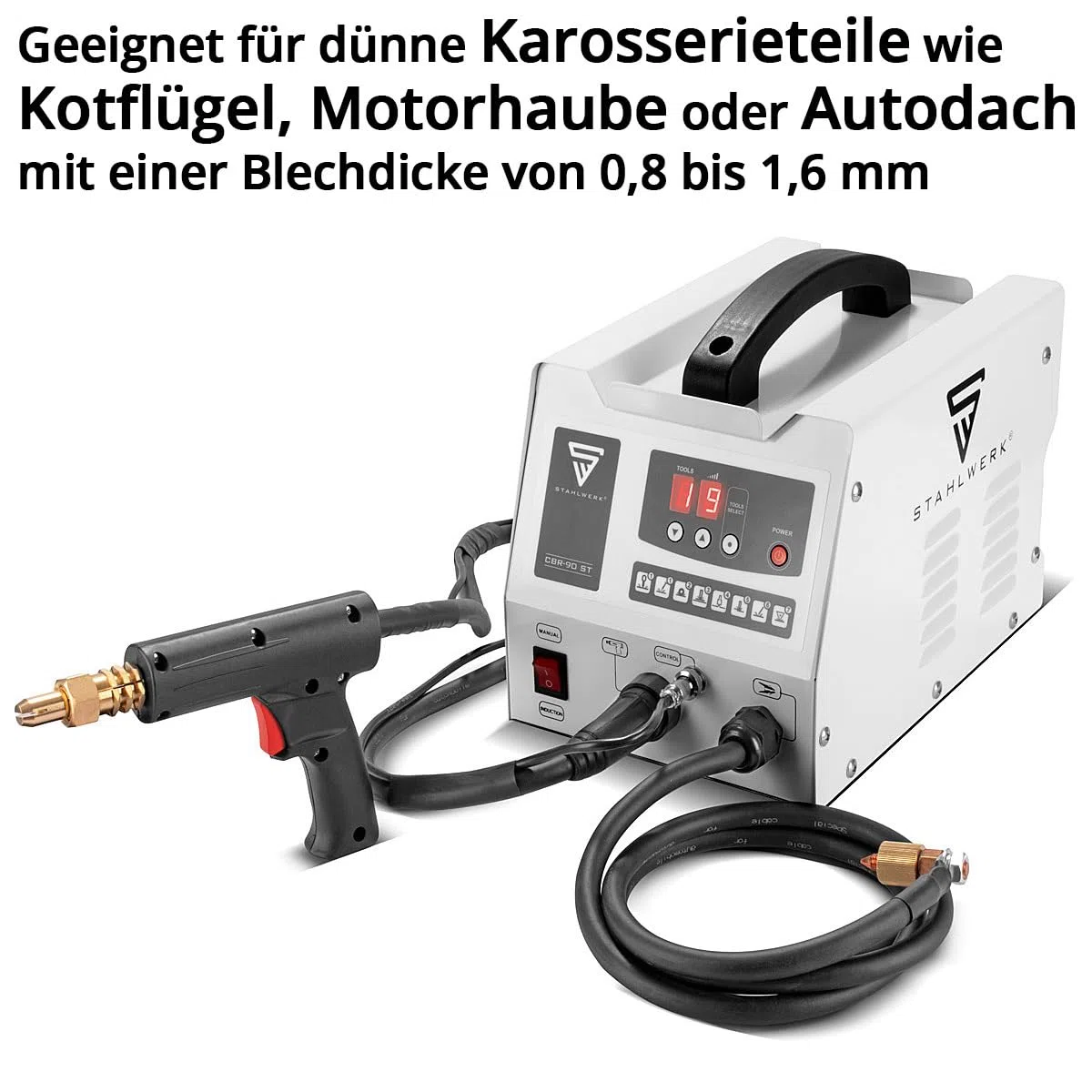 STAHLWERK Ausbeulspotter Karosserie (CBR-90 ST) – mit 7 Schweißmodi, 3.000 W, 6.800 A Punktschweißgerät, Kontaktzündung, inkl. umfangreichem Zubehör, Dellenlifter & Smart Repair (0,8–1,6 mm Blech)