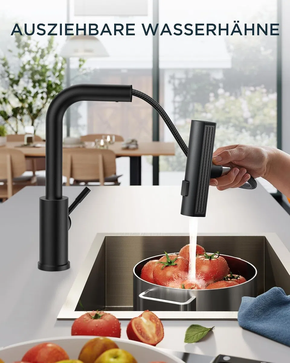 Faizee Home | Granitspüle 100x50 cm – 1,5 Becken mit Abtropffläche | beidseitig montierbar, kratzfest & hitzebeständig | inkl. Armatur & Siphon-Set (Aqua Twist, Schwarz Gesprenkelt)