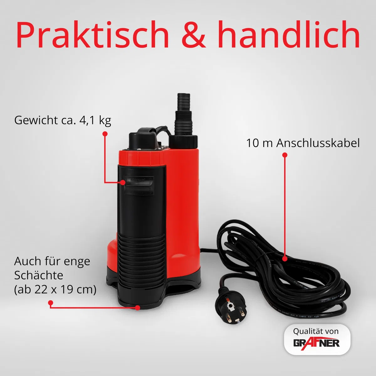 Grafner Drainage Schmutzwasserpumpe 400 Watt bis 7500 l/h Förderleistung, mit Schwimmschalter, flachabsaugend bis 25 mm, Ø16mm Fremdkörper, Drainage Tauchpumpe Schacht Druckpumpe