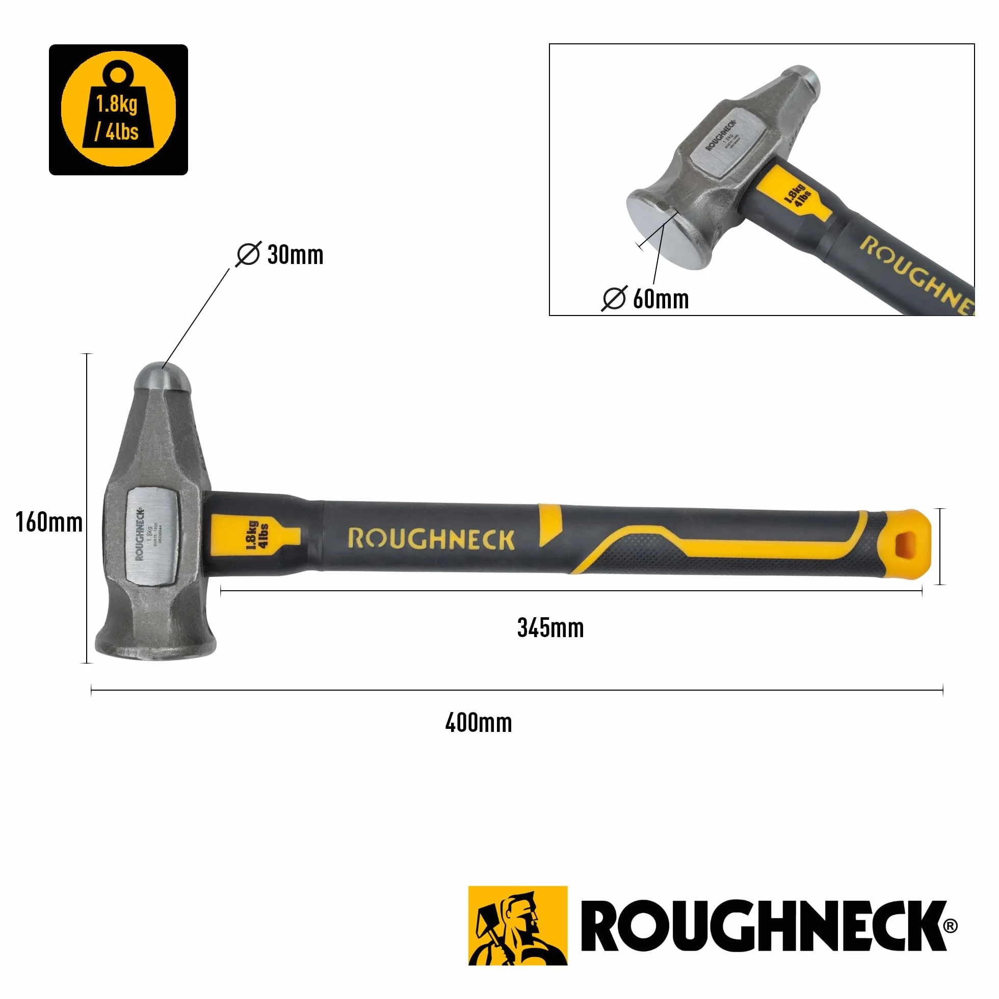 Roughneck Gorilla ROU65804 Mini-Vorschlaghammer, Fiberglas, 1,8 kg/1,8 kg, mit Kompressions-Griff