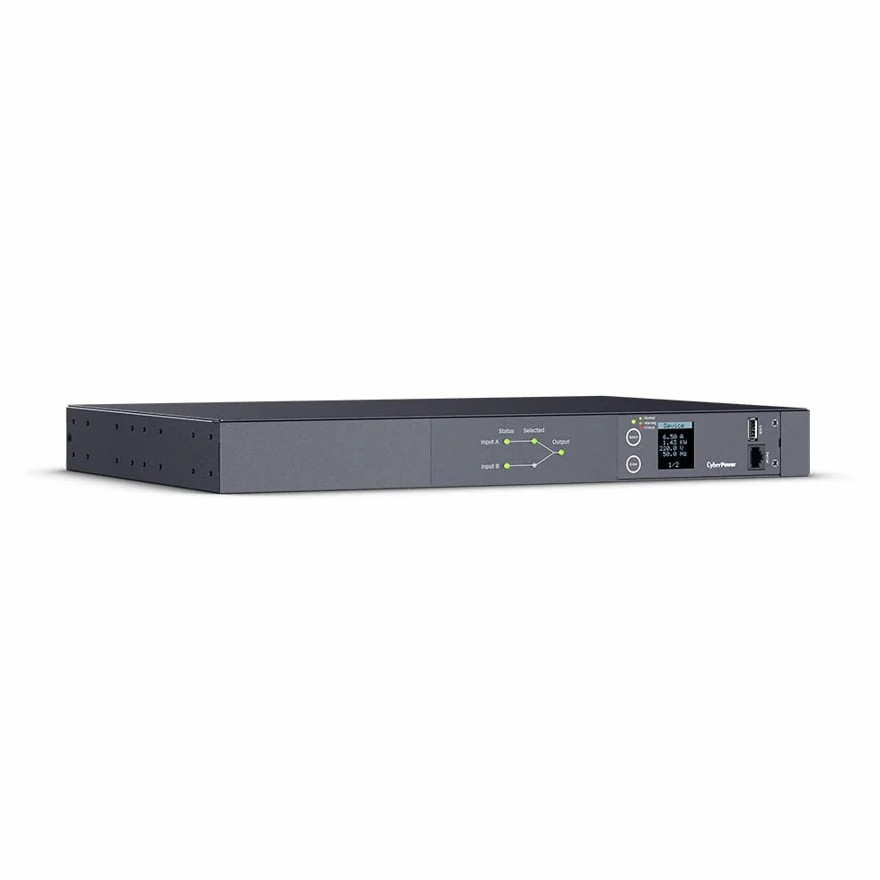 CyberPower PDU24005 ATS PDU Rackmount 1U schwarz, automatische Quellenumschaltung für redundante Einspeisung, 2X IEC C20 16A, 10x Frontabgang 2X C19 8X C13, LCD mit Ampere Volt Watt Anzeige, Hot-Swap