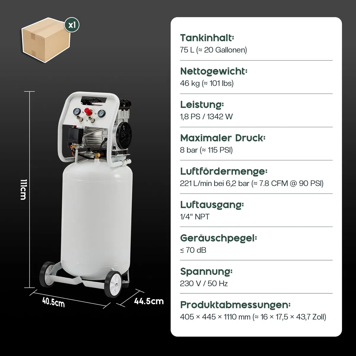 LUXOAK Vertikaler Luftkompressor 75L, 8 Bar 1340W / 1.8 PS, Ölfreier Doppelzylinder Flüsterkompressor mit Rädern – Leise & mobil für Werkstatt und Garage