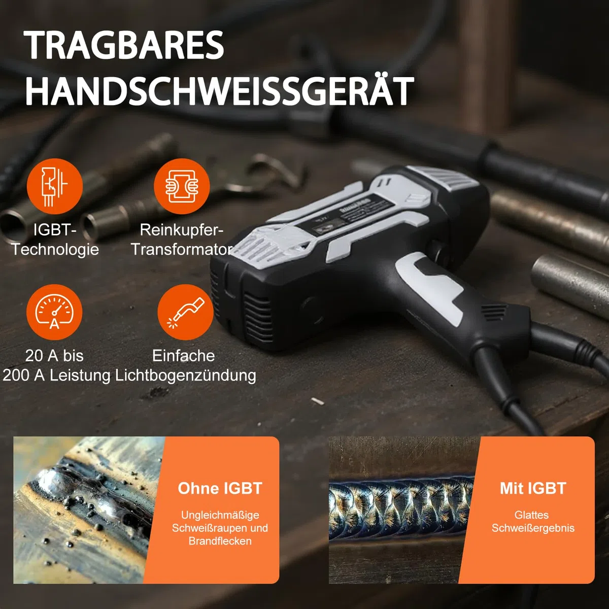 VOBOR Elektroden Schweißgerät, 200A Tragbares Handschweißgerät ARC mit IGBT Inverter, 220V Lichtbogenschweißgeräte für 1,6-3,2 mm Drahtstangen, Mini Schweissgerät