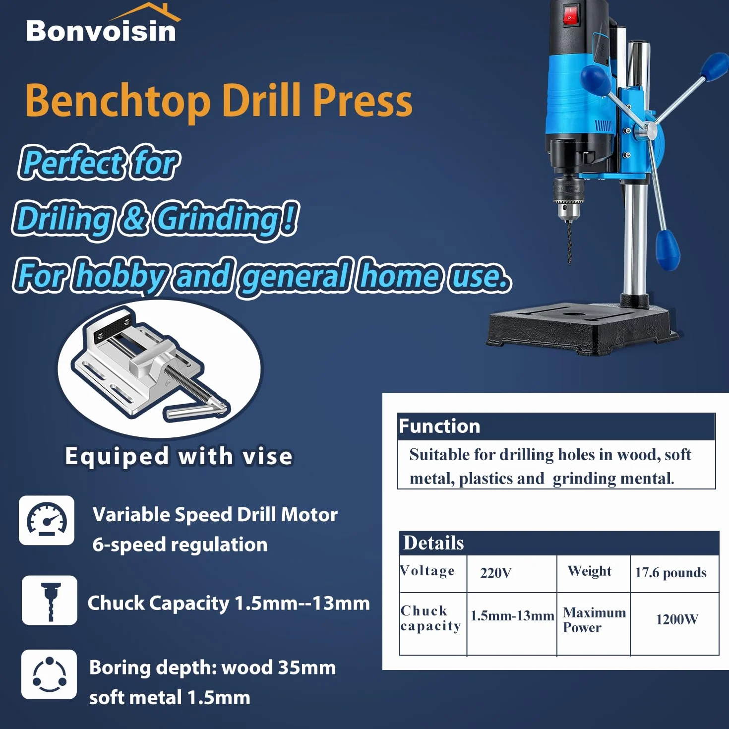 Bonvoisin Mini Tischbohrmaschine 1200W, 6 Variable Geschwindigkeiten, Max. 2800RPM, Bohrerdurchmesser 35mm, für Basteln/Heimwerken/Metallbearbeitung (EU)