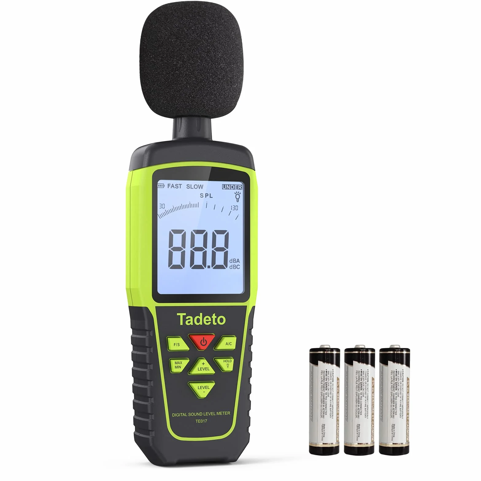 Dezibel Messgerät, Tadeto Schallpegelmesser Portable db Messgerät 30dB bis 130dB (5 Messbereich) Hintergrundbeleuchtung LCD-Display, MAX/MIN, akustische und visuelle Alarme, Data Hold, A/C-gewichtet