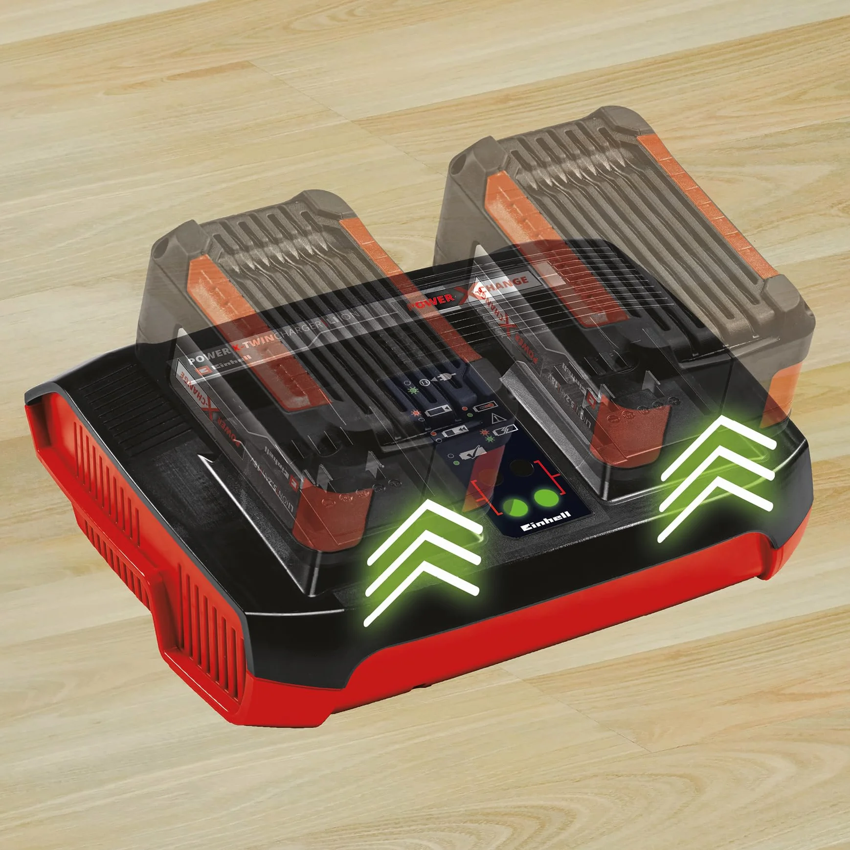 Original Einhell Ladegerät Power X-Twincharger 3A Power X-Change (Li-Ion, 18V, gleichzeitiges Laden von 2X 18V Akkus, permanente Akkuüberwachung + int. Lademanagement, 6-fache Zustands-LED-Anzeige)