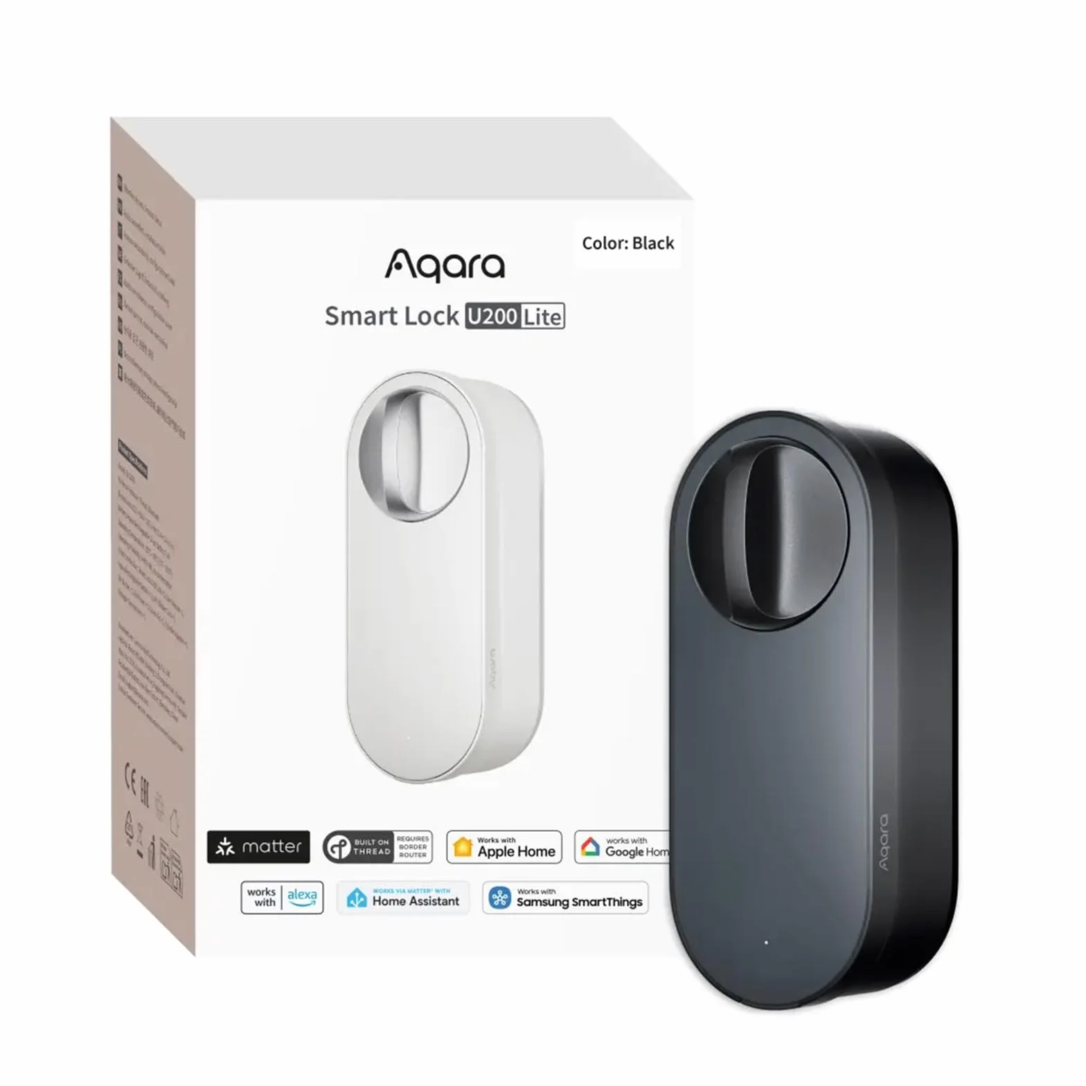 Aqara Smart Lock U200 Lite, Matter over Thread, Smartes Türschloss mit Aufladbarem Akku und Leiser Modus, Elektrisches Türschloss, Unterstützt Apple Home, Home Assistant, Google Home, Alexa, Schwarz