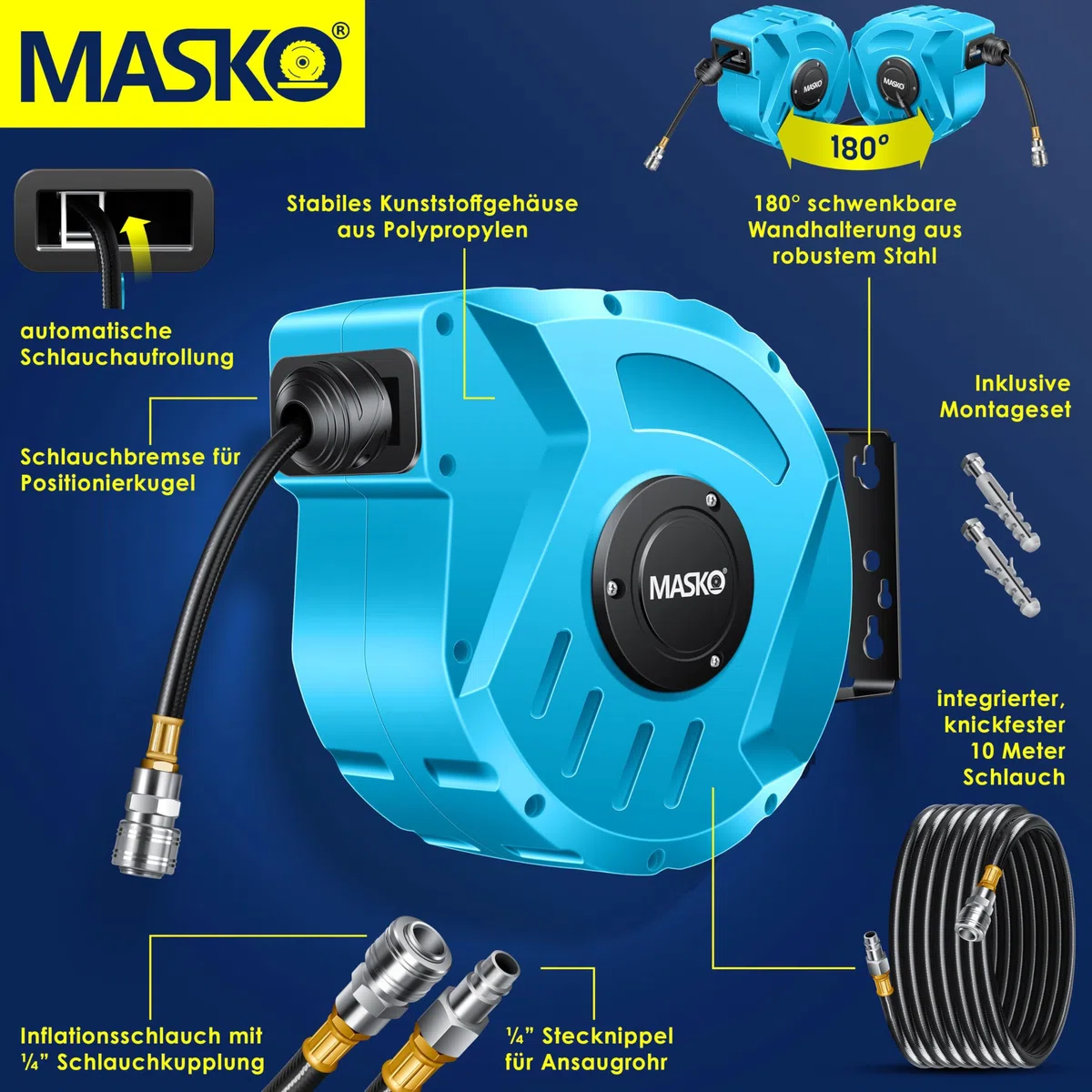 MASKO® Automatik Druckluftschlauch Aufroller 10m – Schlauchtrommel mit 1/4" Anschluss, Schlauchaufroller, Wandhalterung, Tragegriff, 180° schwenkbar, Schlauchbremse, vormontiert/sofort einsatzbereit