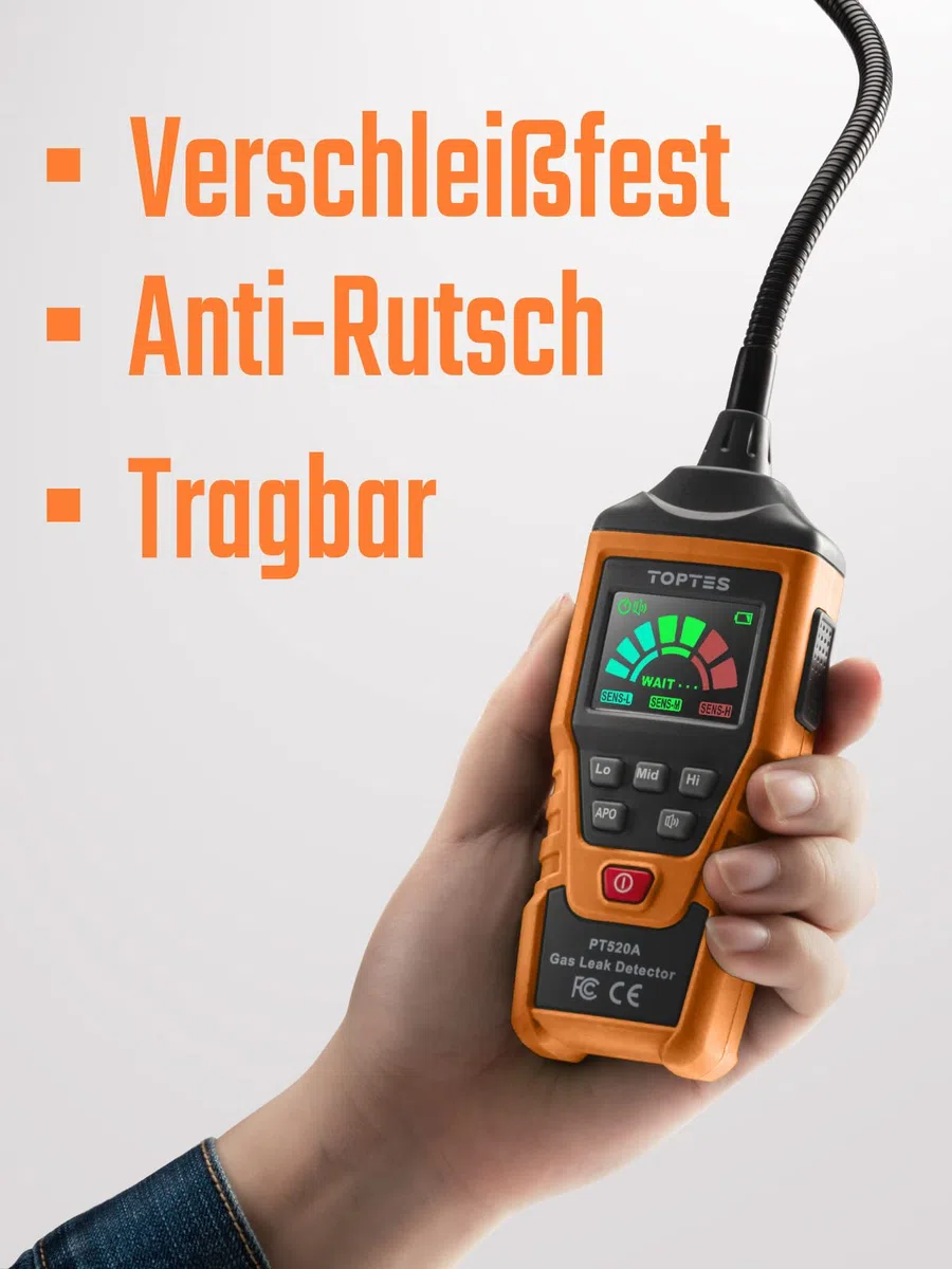 Gasmelder, TopTes PT520A Erdgasdetektor für Zuhause und Wohnmobil mit 43,5 cm Sonde zur Ortung von Gaslecks wie Propan, LPG (3X AAA-Batterien inklusive, deutsche Bedienungsanleitung) - Orange