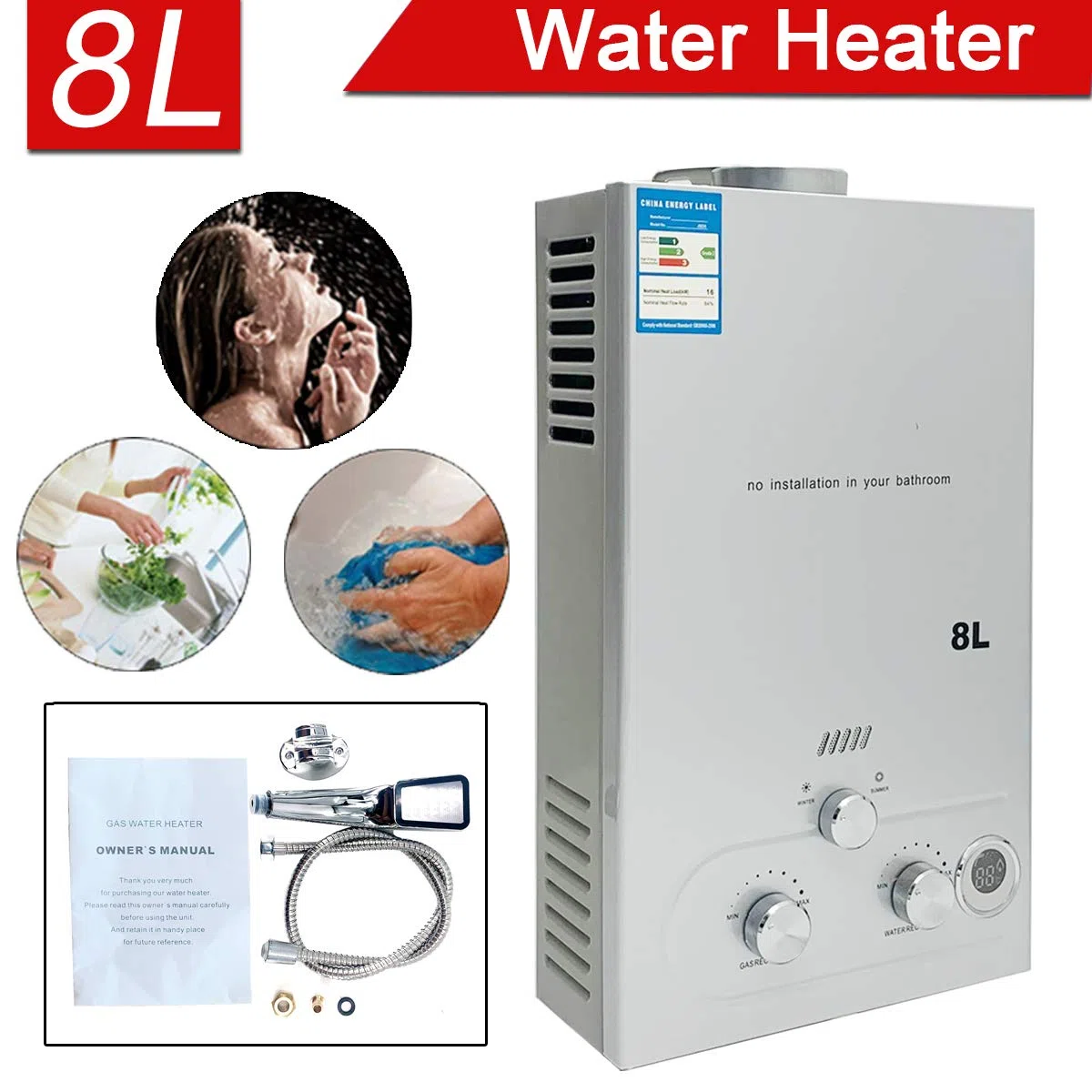 Tragbarer Gas Durchlauferhitzer 8L 16KW Propangas Campingdusche für Dusche im Außenbereich Dusche Bad Warmwasser Camping Dusche LPG Warmwasserbereiter Warmwasser Tankless Instant, Silber