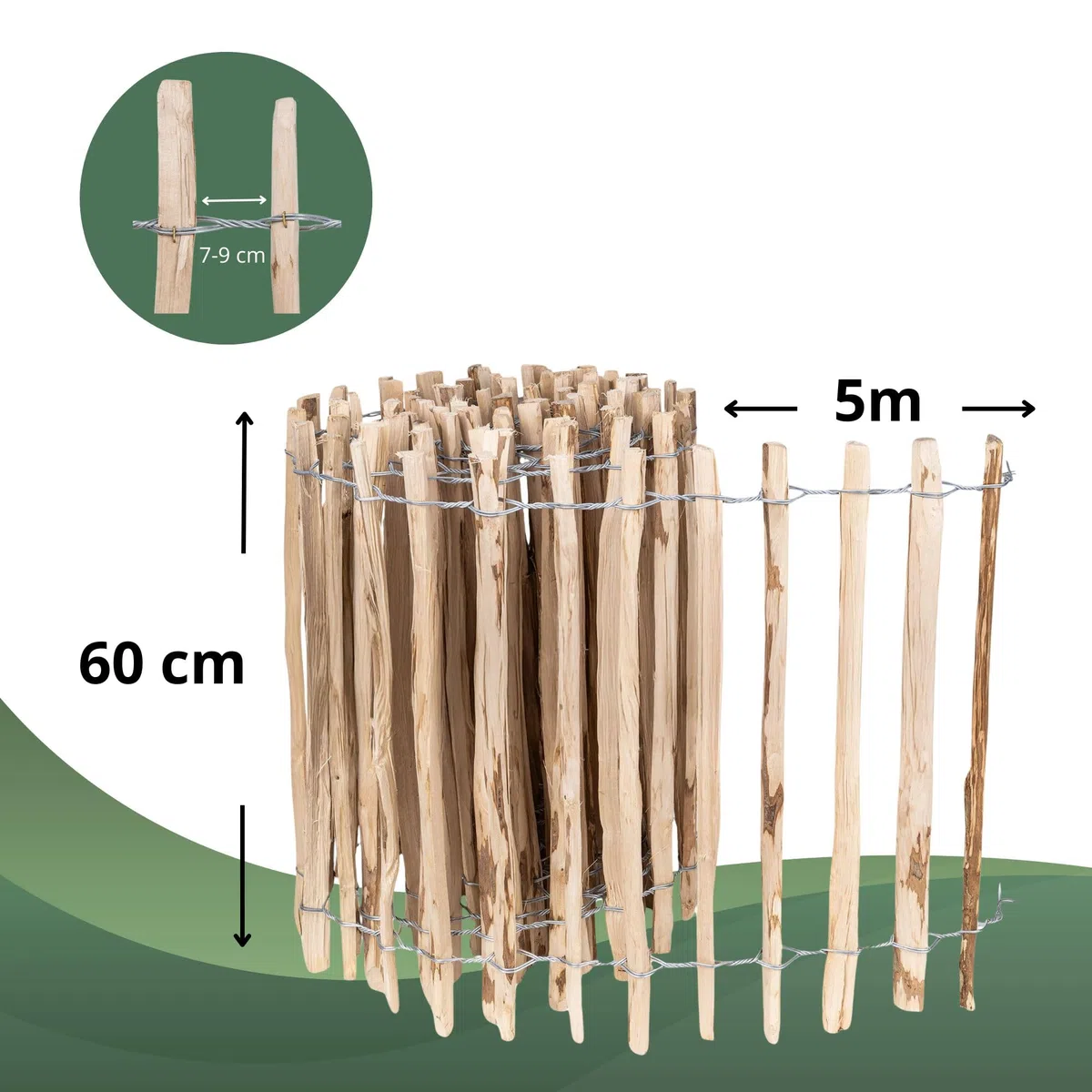 Creative Home Staketenzaun 60cm hoch und 5m lang | Lattenabstand 7-9 cm | Haselnusszaun | Rollzaun | Gartenzaun Holz Holzzaun | Zaun Garten Ideal als Rasenkante Blumenbeet Umrandung aus Haselnuss