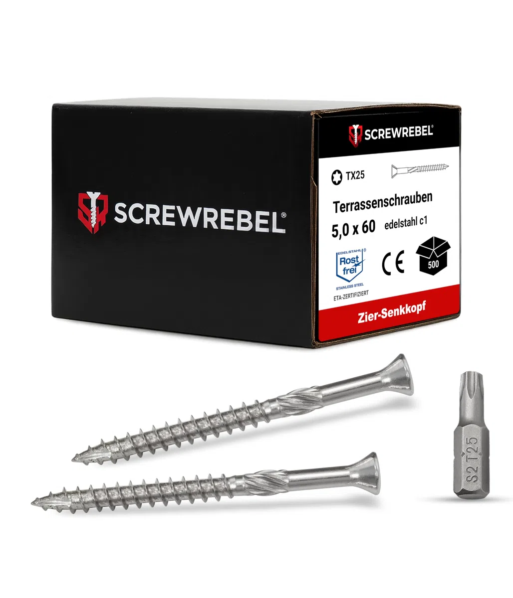 SCREW REBEL Terrassenschraube ST-FIX Edelstahl C1 5,0 x 60mm - 500 Stück inklusive S2-Bit, TX 25, Zier-Senkkopf, Schaftfräser, Sägezahn Gewindeschliff, Cutspitze, Dielenschraube gewachst