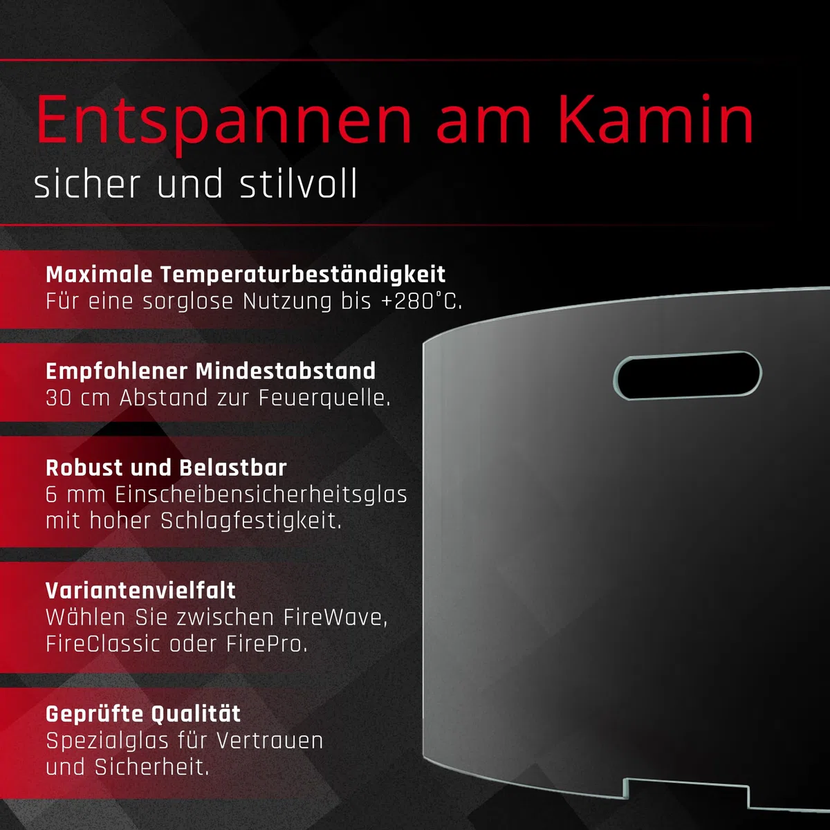 BIJON Kaminschutzgitter aus Spezial-Sicherheitsglas, Hitzeschutz Funkenschuztgitter, Ofenschutzgitter aus echtem ESG-Glas, Kamin Ofen Glas Funkenschutz 75 x 50 x 16 cm