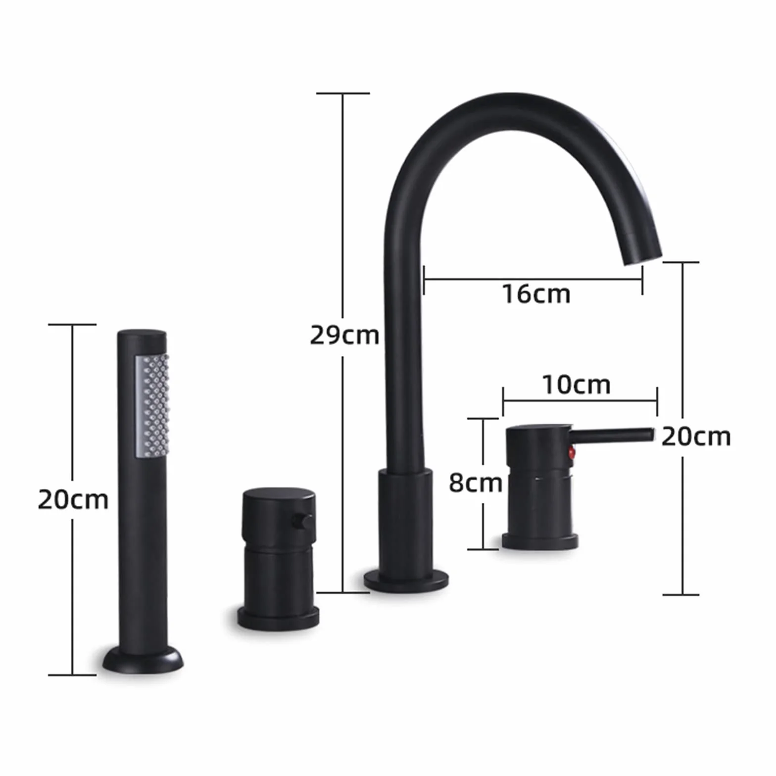 Mischbatterie für Badewanne und Dusche, 4 Wasserhahnlöcher, für heiße und kalte Wasserhähne, ausziehbar, für Badezimmer, modernes Design, Schwarz und Chrom