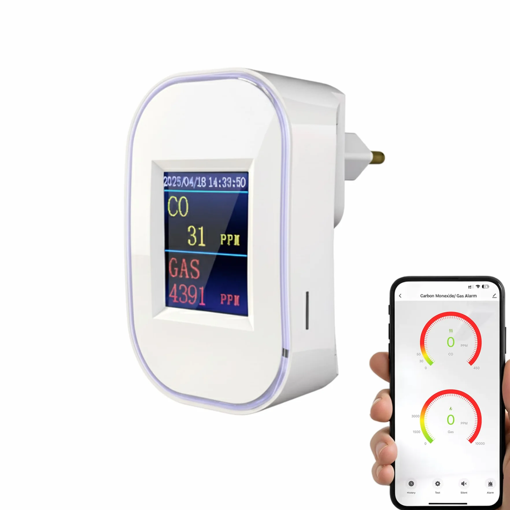 WLAN Kohlenmonoxid- und Gasmelder mit Stecker, Gasmelder Haus mit App-Steuerung, Kohlenmonoxid Melder mit LED-Display, EN50291 & EN50194 Zertifiziert, CO Melder für Erdgas LPG Propan Butan