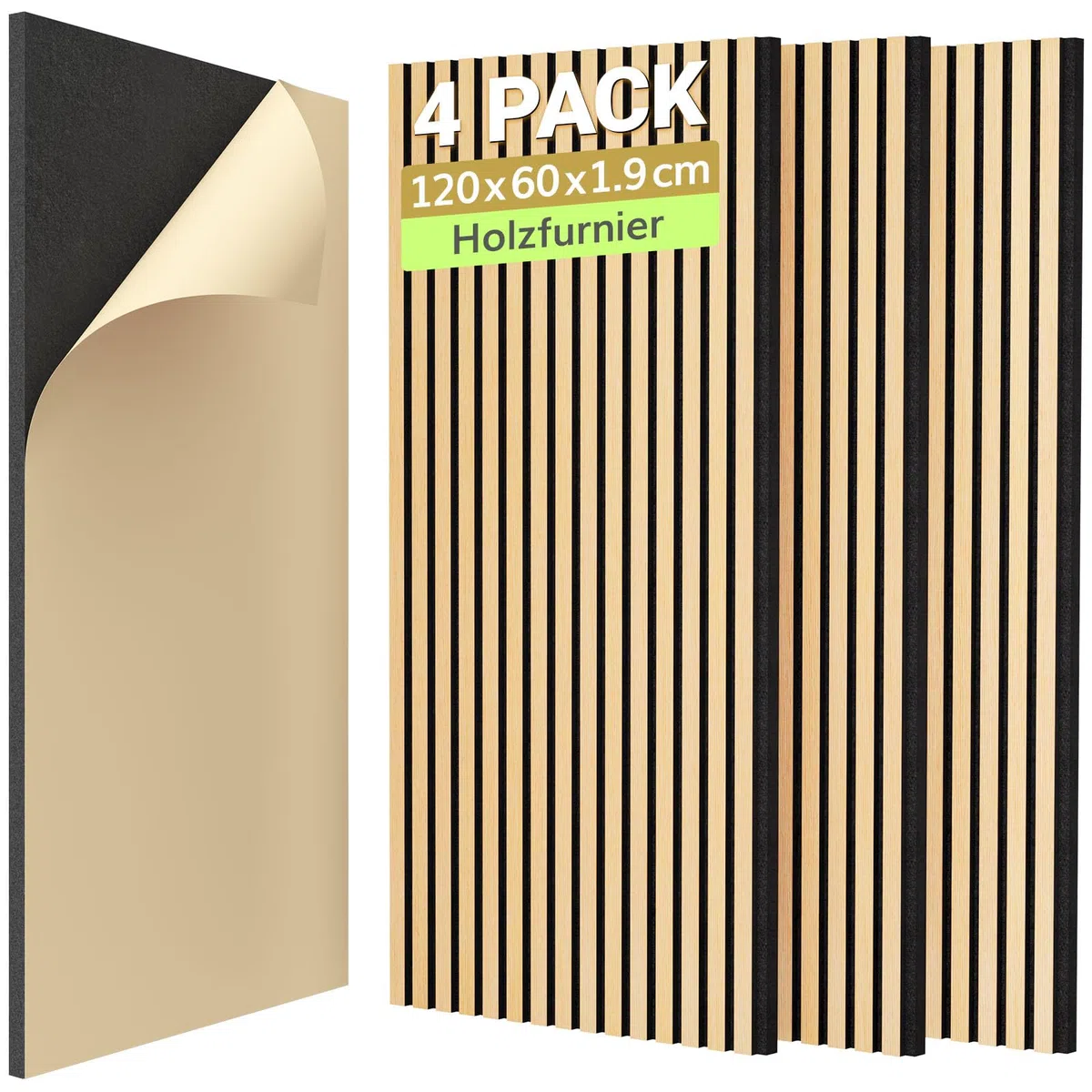 TONOR Holzfurnier Akustikpaneele selbstklebend,2,88m²-4 Stück 120x60x1,9cm 3D Wandpaneele Holzoptik, Akustik paneele für Akustische Behandlung und Wanddekoration, Wohnzimmer, Büro, Eiche