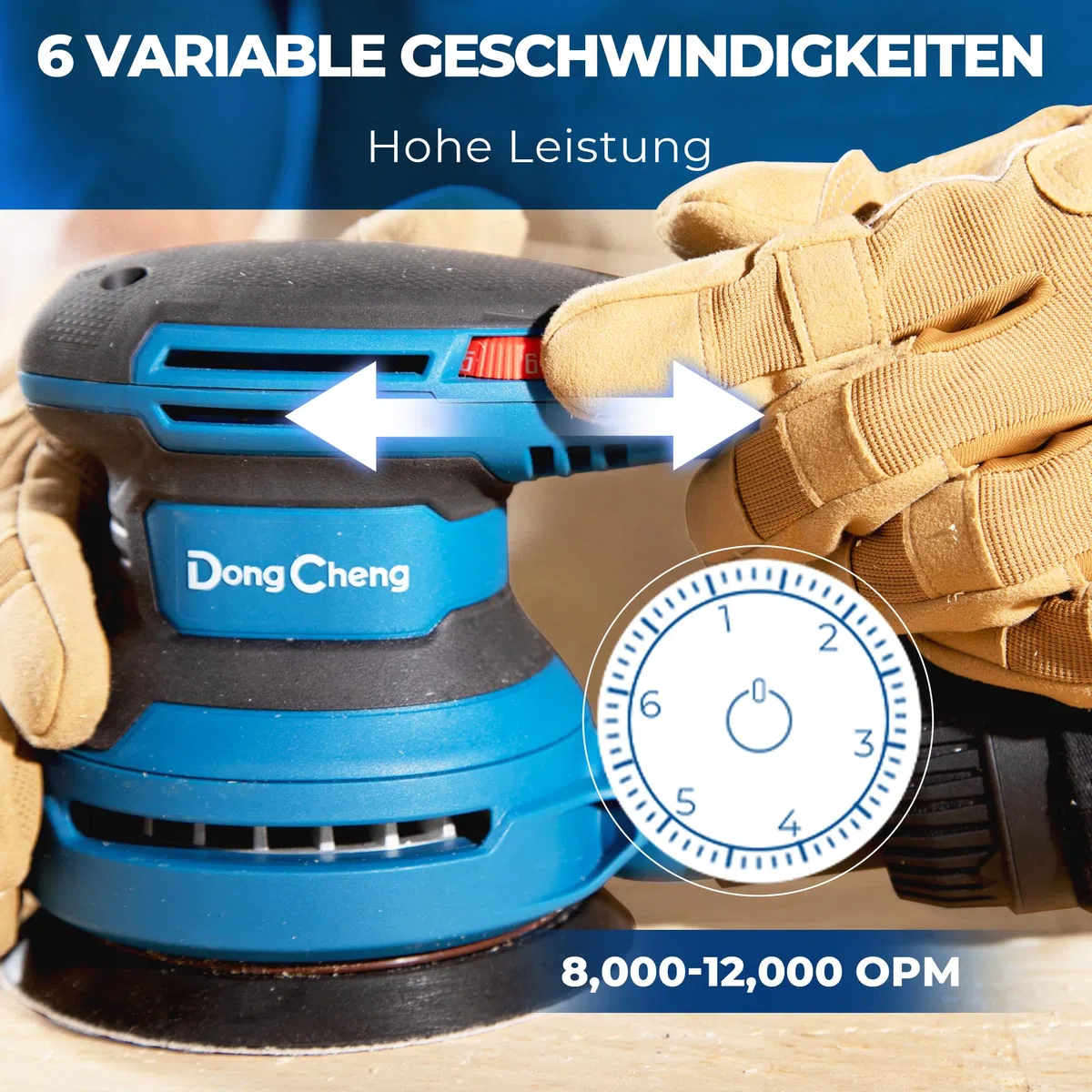 DongCheng Exzenterschleifer 380W, 125mm Schleifmaschine, 6-stufig 8.000-12.800 U/min, vibrationsarm, mit Staubfangbehälter & Staubsaugeranschluss, inkl. 20 Schleifblättern (versch. Körnungen) für Holz