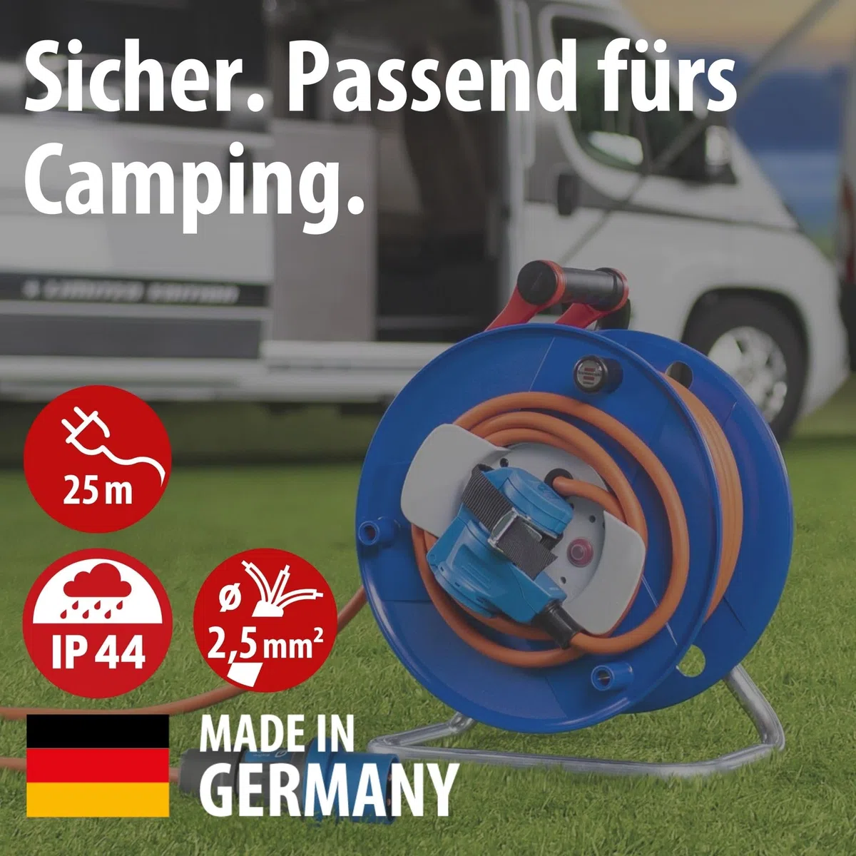 Brennenstuhl Camping-Kabeltrommel 25m, 230V,(H07RN-F 3G2,5 in orange, CEE-Winkelkupplung inkl. Schutzkontakt-Kombisteckdose, für den ständigen Einsatz außen IP44, Made in Germany)