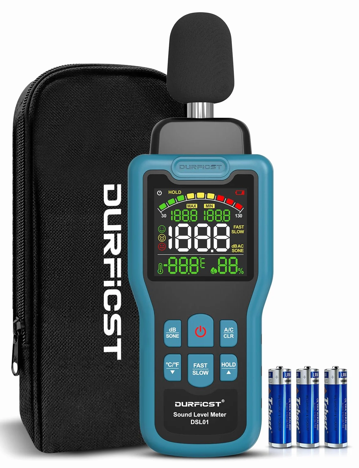 Dezibel Messgerät, DURFICST Schallpegelmessgerät mit Temperatur- und Feuchtigkeitsanzeige, 30–130dB, DB Messgerät mit LCD-Farbdisplay, AC-Bewertung, dB/SONE-Einheit, Schnelle/Langsame Ansprechzeit