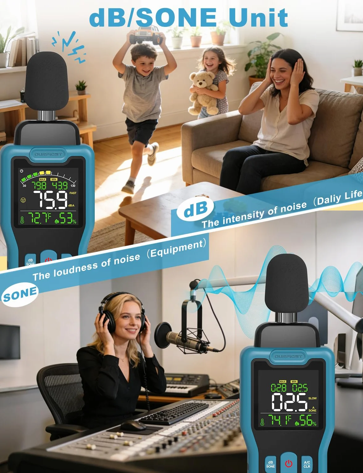 Dezibel Messgerät, DURFICST Schallpegelmessgerät mit Temperatur- und Feuchtigkeitsanzeige, 30–130dB, DB Messgerät mit LCD-Farbdisplay, AC-Bewertung, dB/SONE-Einheit, Schnelle/Langsame Ansprechzeit