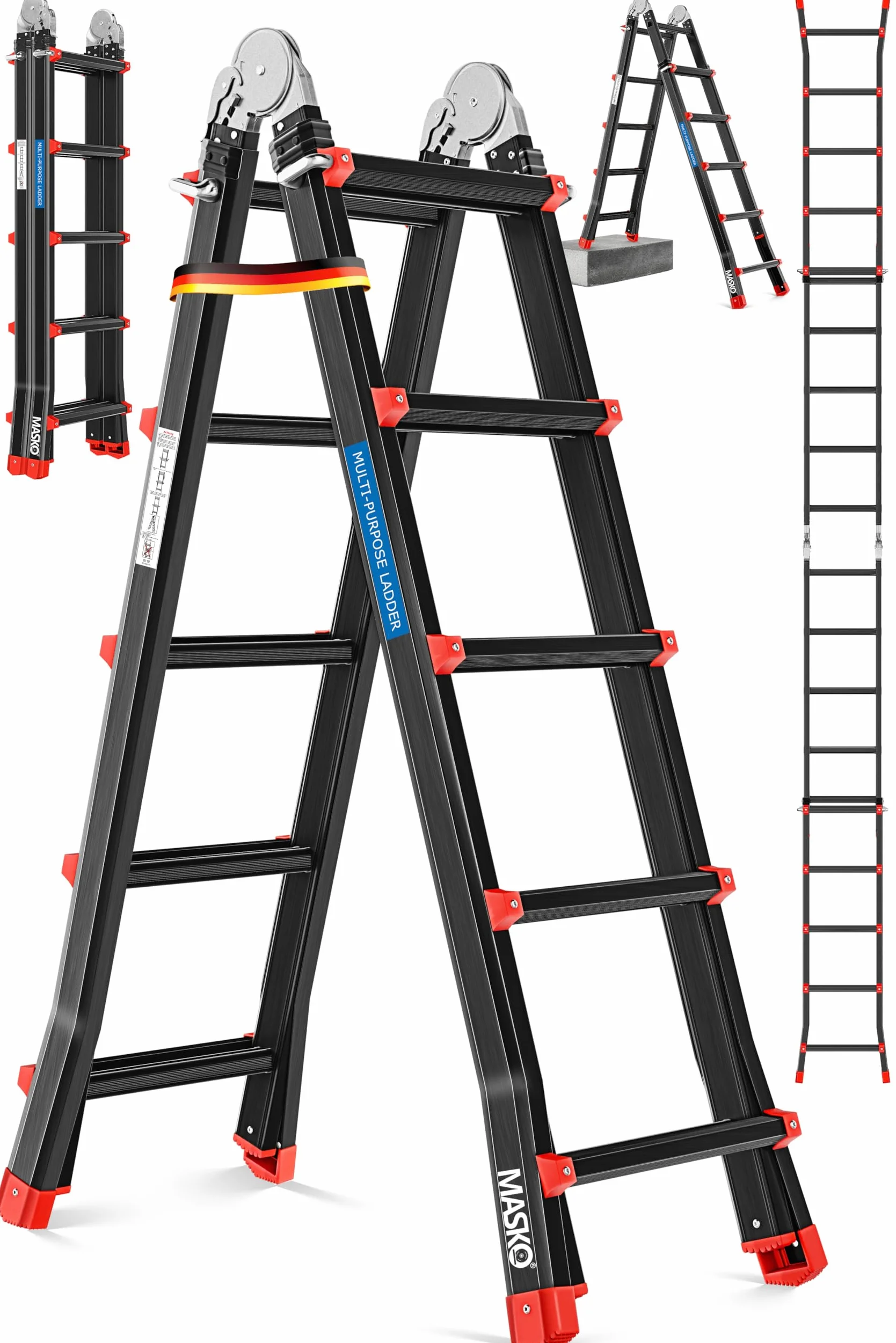 MASKO Aluminium 6in1 Mehrzweckleiter – 20 Sprossen | - 520 cm | 150 Kg, ausziehbar, rutschfest, Multifunktional, Gelenkleiter, Anlegeleiter, Klappleiter, beidseitige Steh- und Treppenleiter | Schwarz