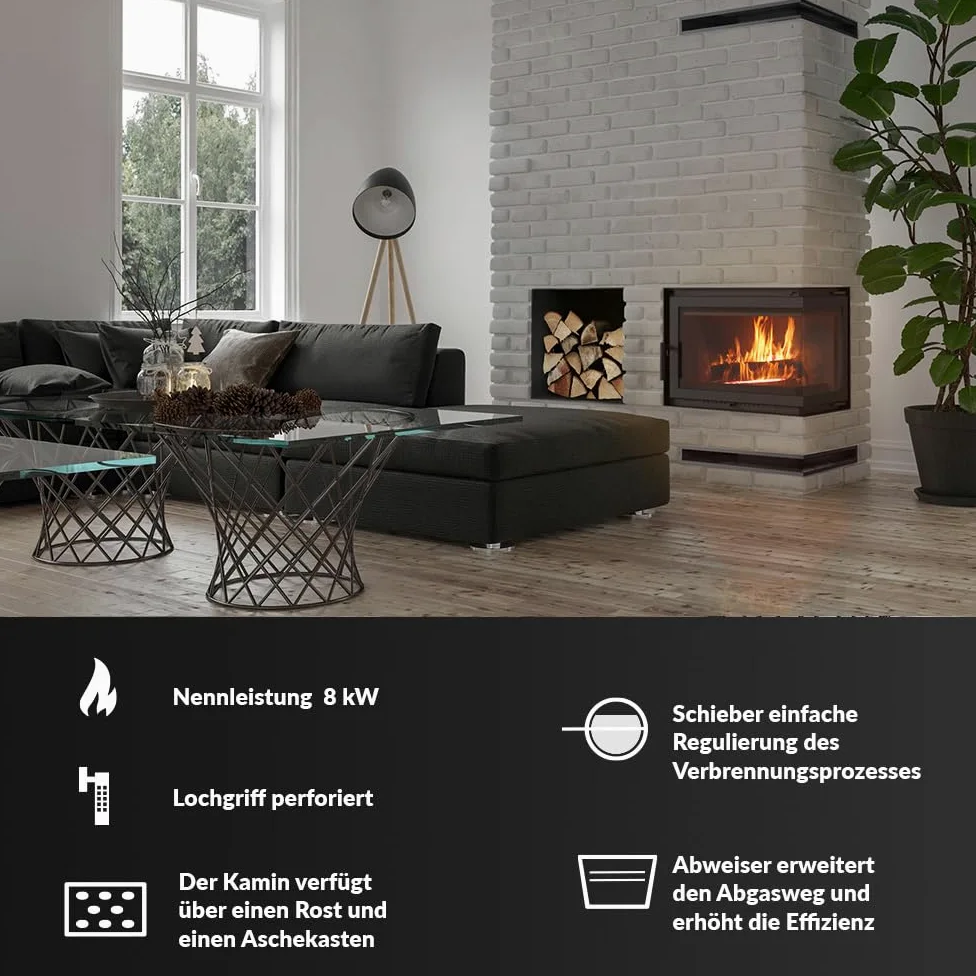KRATKI Einfacher holzbefeuerter Kamineinsatz Lufteinlass BImSchV 2-konform 11 kW Thermischer Wirkungsgrad 75% Abgasauslass fi 200 mm dekorative Glasscheibe aus Gusseisen RightPlus Zubehör
