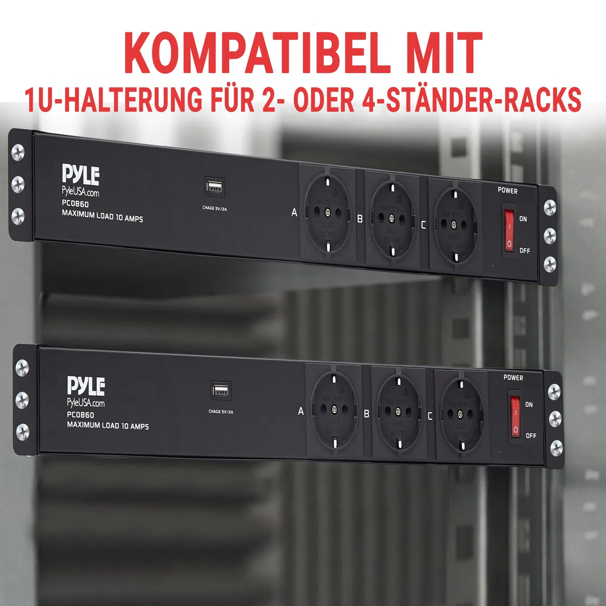 Pyle Steckdosenleiste, 15 Fach- Mehrfachsteckdose, 1U 19 Zoll Rack-Montage in Netzwerkschrank, USB Anschluss, 3,5m Kabel, Schaltbarer Verteilerleiste für Studio, Bühne, Werkstatt
