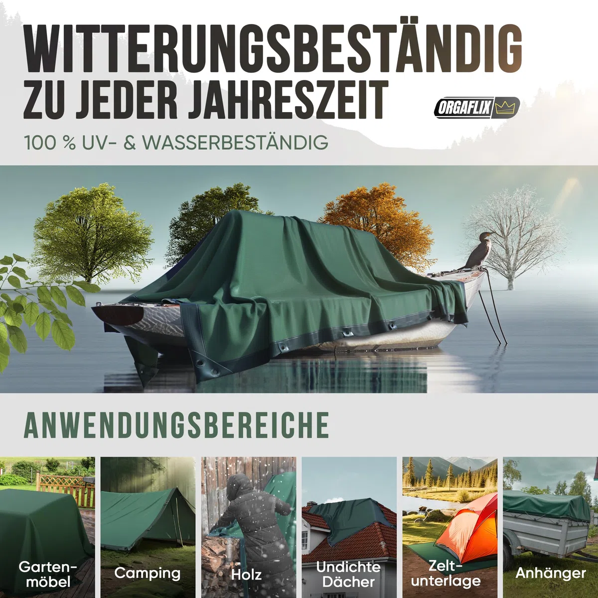 ORGAFLIX Premium Abdeckplane 1,5x6m wasserdicht & UV-beständig mit 5j. Garantie, Extrem reißfeste Plane mit 3-Fach verstärkten Ösen, Tarp, Gewebeplane vielseitig einsetzbar, Holz, Schutz, Camping
