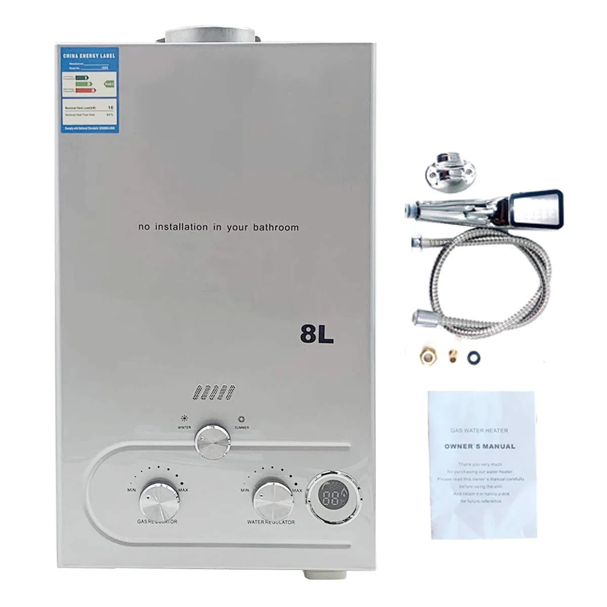Tragbarer Gas Durchlauferhitzer 8L 16KW Propangas Campingdusche für Dusche im Außenbereich Dusche Bad Warmwasser Camping Dusche LPG Warmwasserbereiter Warmwasser Tankless Instant, Silber
