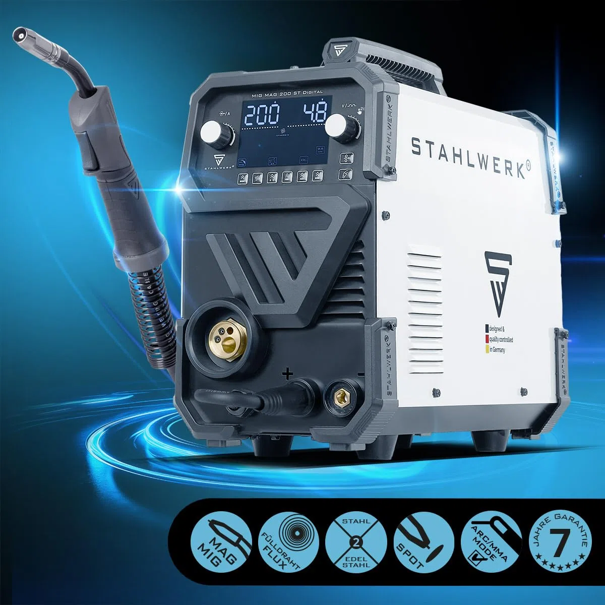 STAHLWERK Schutzgasschweißgerät MIG/MAG 200 ST Digital – Vollausstattung – Inverter mit 200A, MMA (E-Hand/ARC) FLUX (Fülldraht), Schweißen ohne Gas möglich, Spot-Funktion, synergischer Drahtvorschub