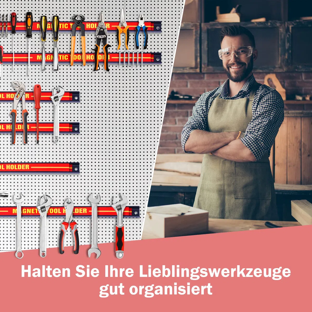 GYMAX Magnetschiene Werkzeug Set 46 cm 10 kg belastbar Magnethalter Werkzeug Organizer Wand Rot
