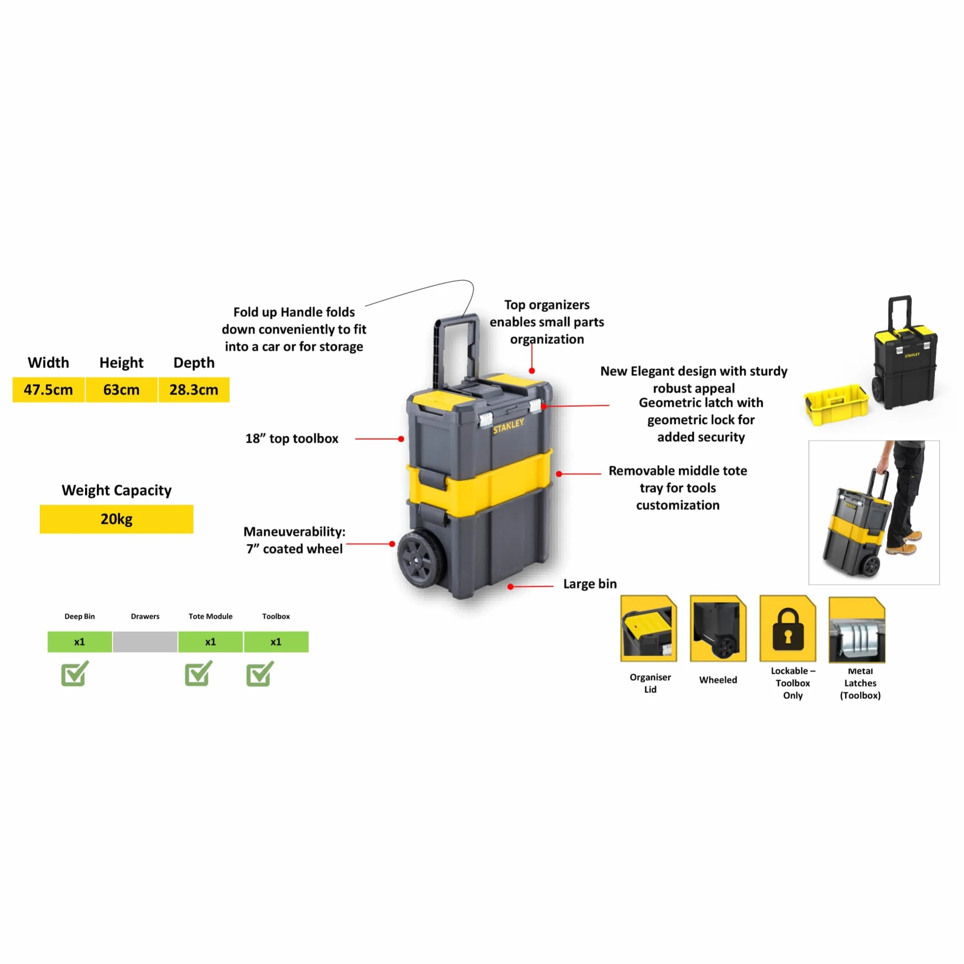 STANLEY Essential Rollende Werkstatt (3-in-1 stapelbare Boxen, leerer Werkzeugkasten, belastbar bis zu 20kg, mit Metallverschlüsse, Organizer für Kleinteile im Deckel) STST1-80151