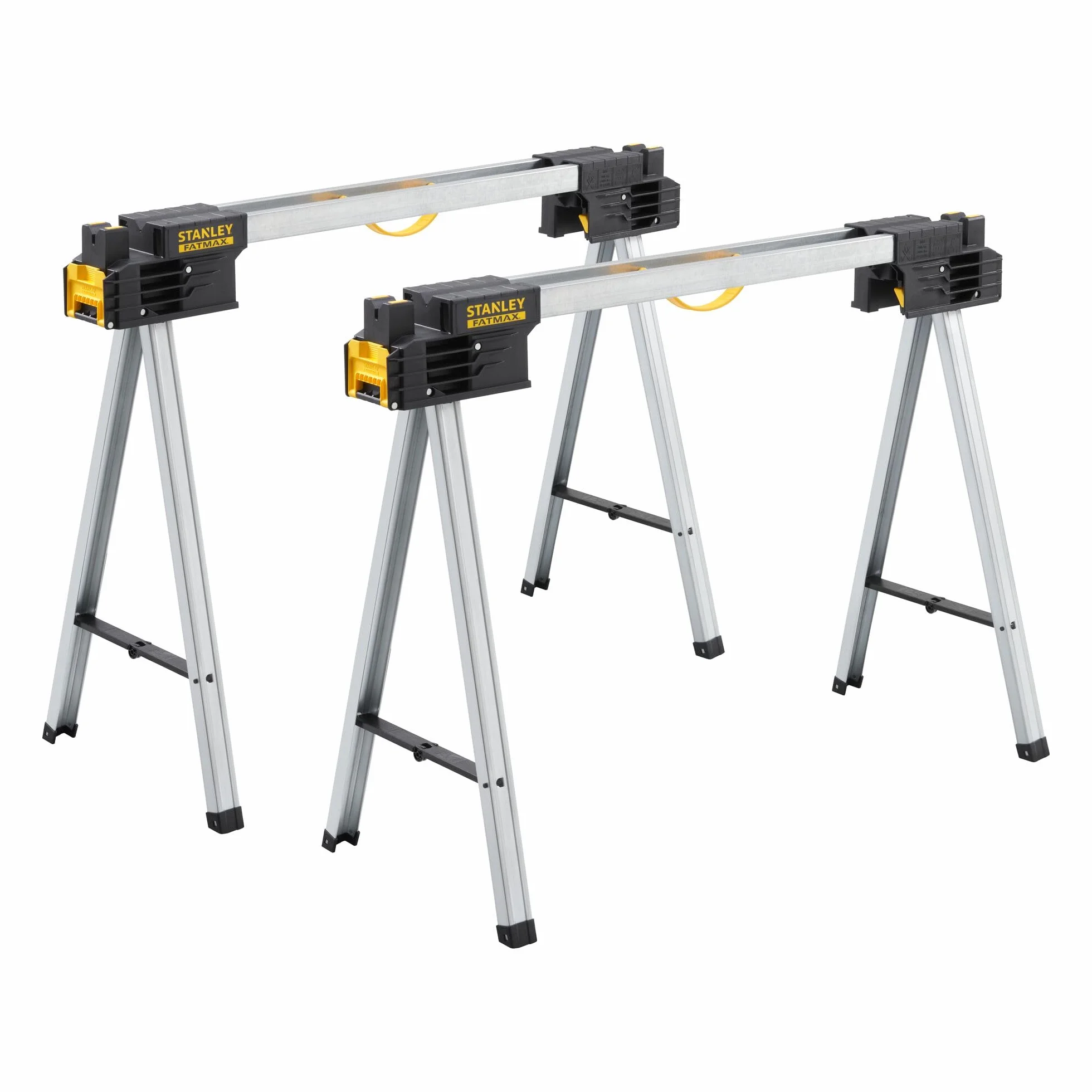 Stanley - FatMax Unterstellböcke (aus Metall, mit klappbaren Metallbeinen, bis 900 kg belastbar, mit V-förmiger Nut, geeignet für Einhandzwingen, 2 Stück) FMST1-75763