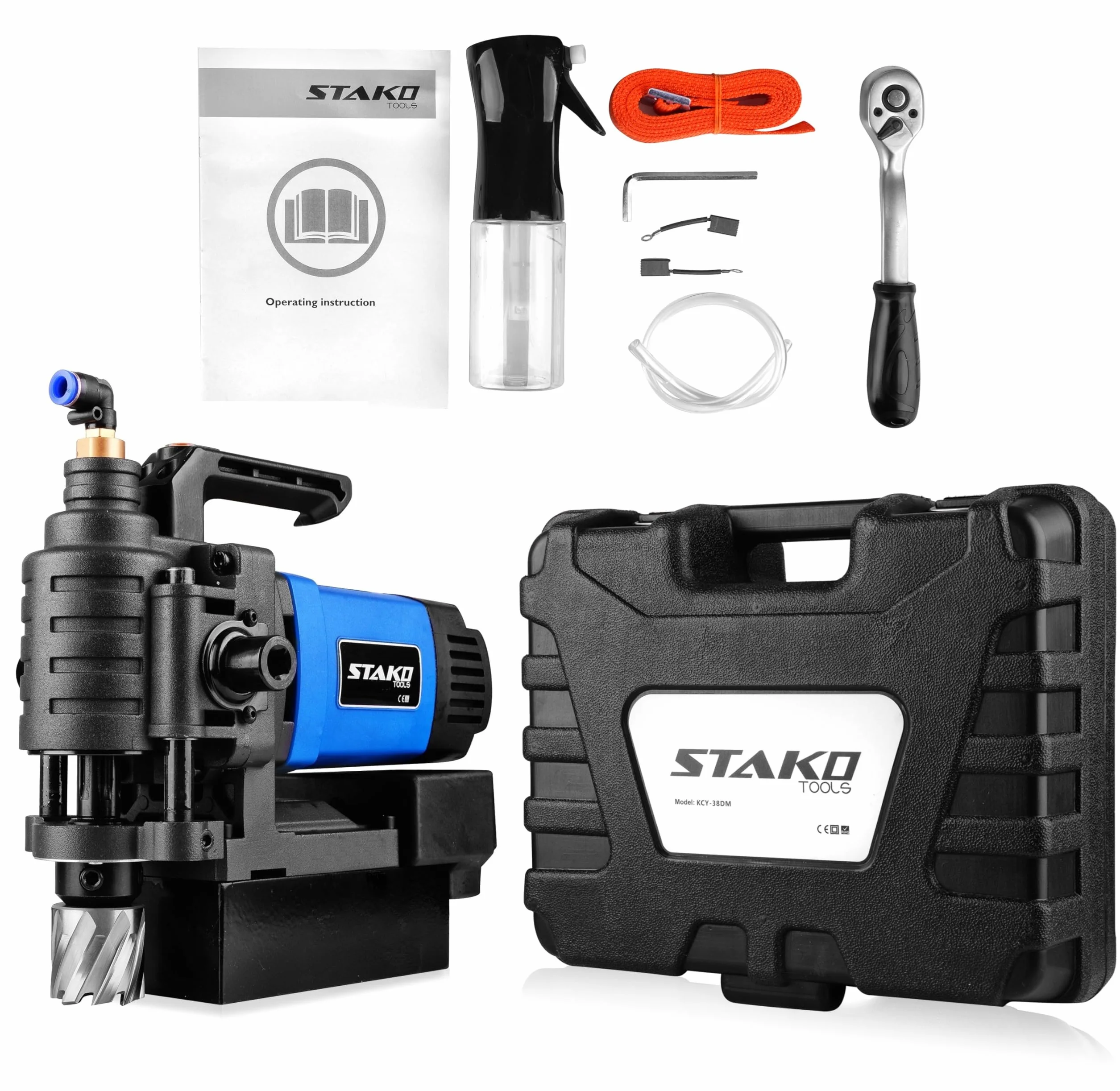 STAKO Magnetbohrmaschine mit Niedrigem Profil 1650 W mit Koffer KCY-38DM – tragbare Kernbohrmaschine für Metallbearbeitung – mit Weldon 19 mm – Leicht 8 kg – Magnetkraft 14500 N – Kernbohrgerät
