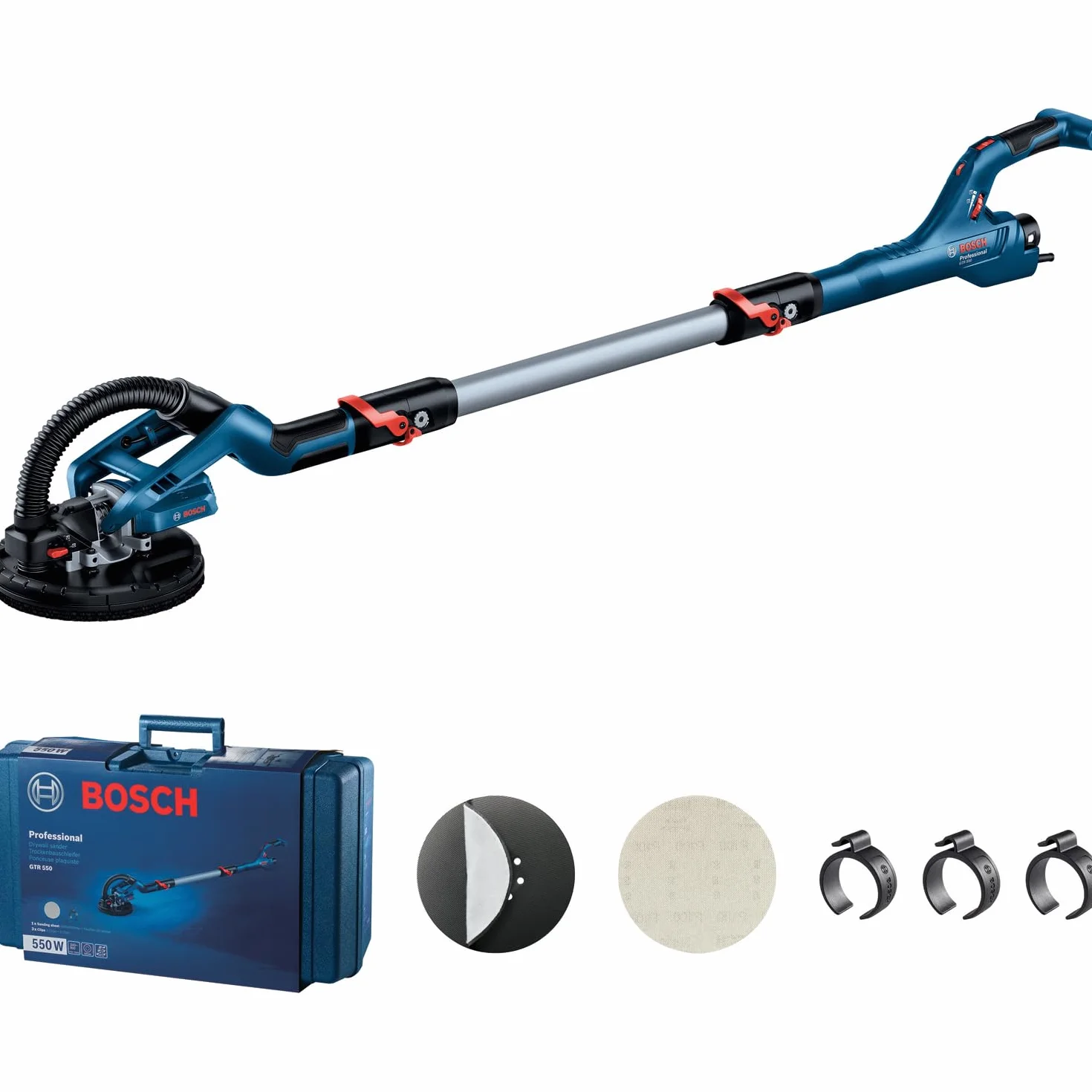 Bosch Professional Trockenbauschleifer GTR 55-225 (550 Watt, inkl. 1x Schleifblatt M480, 1x Schleifteller-Set weich, 3x Kabelclip, Handwerkerkoffer) Battery Powered
