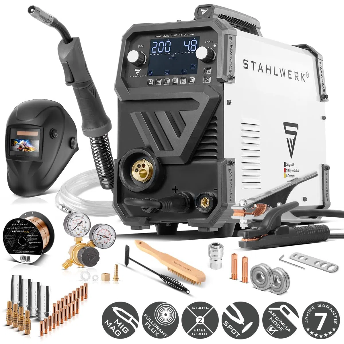 STAHLWERK Schutzgasschweißgerät MIG/MAG 200 ST Digital – Vollausstattung – Inverter mit 200A, MMA (E-Hand/ARC) FLUX (Fülldraht), Schweißen ohne Gas möglich, Spot-Funktion, synergischer Drahtvorschub
