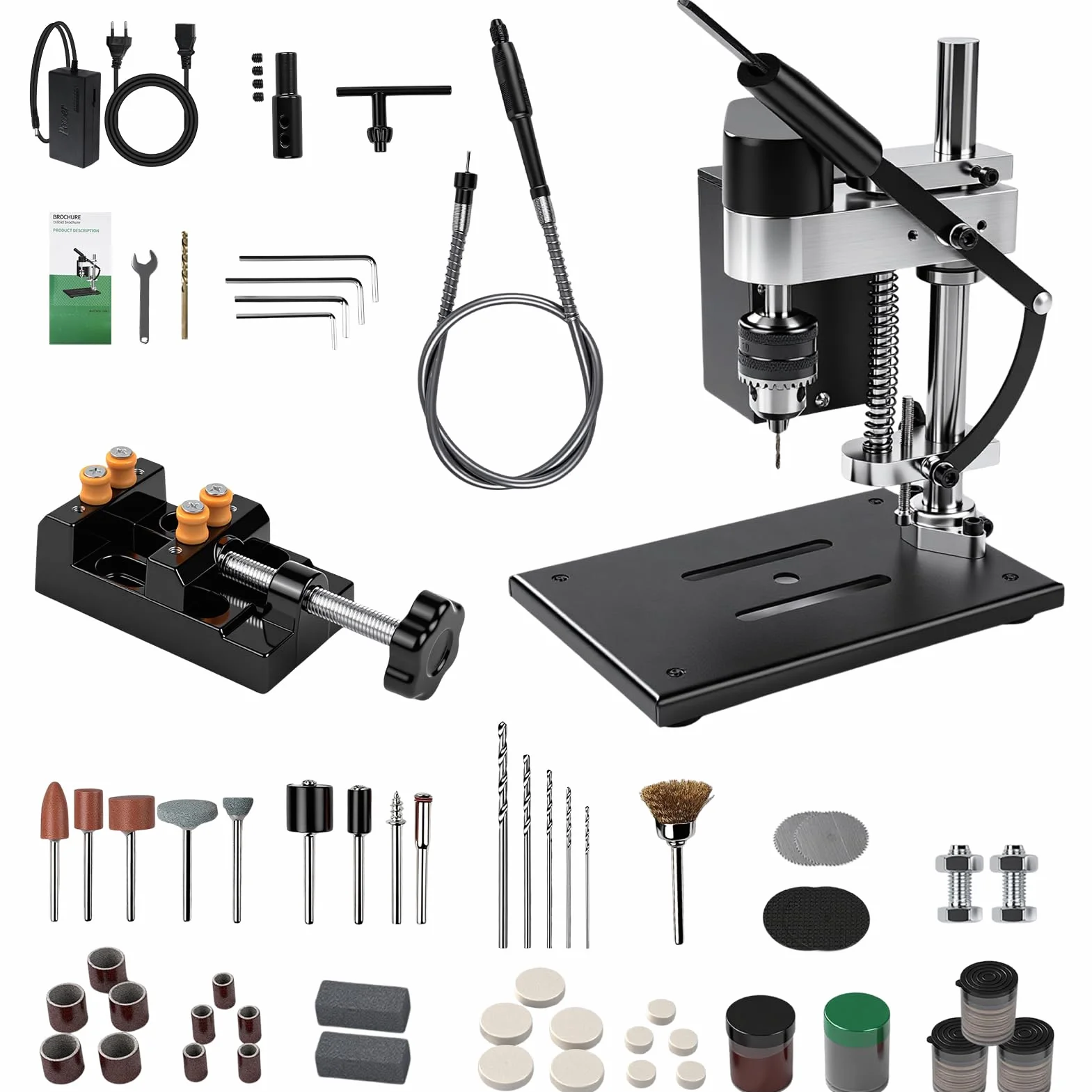 Mini Tischbohrmaschine, 200W Standbohrmaschine, Ständerbohrmaschine Klein 4000rpm, 7 Gang Einstellbare, 775 Motor, Flexiblem Wellenaufsatz, Bohrhub 50mm für Holz, Metall, Kunststoff, Aluminium