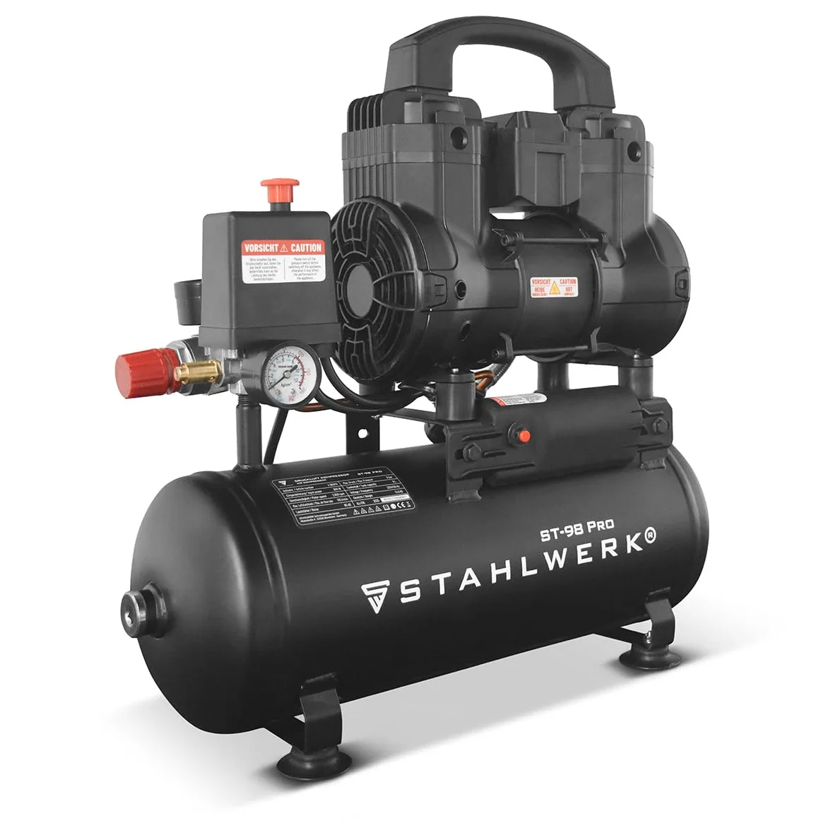 STAHLWERK Kompressor mit 9 L Tank (ST-98 Pro) – ölfrei & leise, 8 bar, 1,22 PS (0,9 kW), 170 l/min, 65 dB, Druckluftkompressor mit Brushless-Motoren, Silent-/Flüsterkompressor, Kolbenkompressor