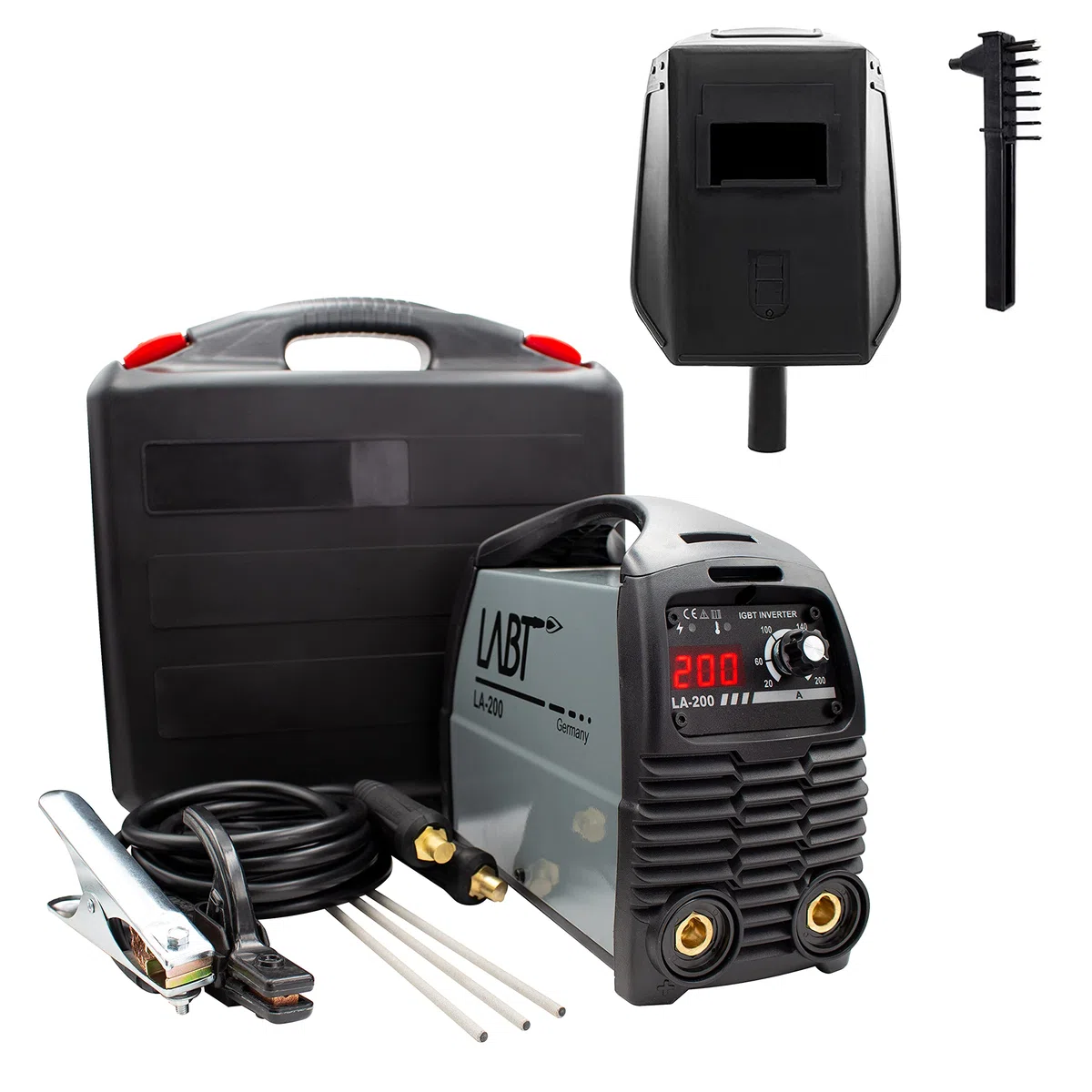 Schweißgerät LABT Power E-Hand Elektroden Schweissgerät IGBT 230V Inverter MMA Starter-Set mit Maske, Bürste, Schweißdioden Hot-Start Anti-Stick ARC-Force (mit Koffer)
