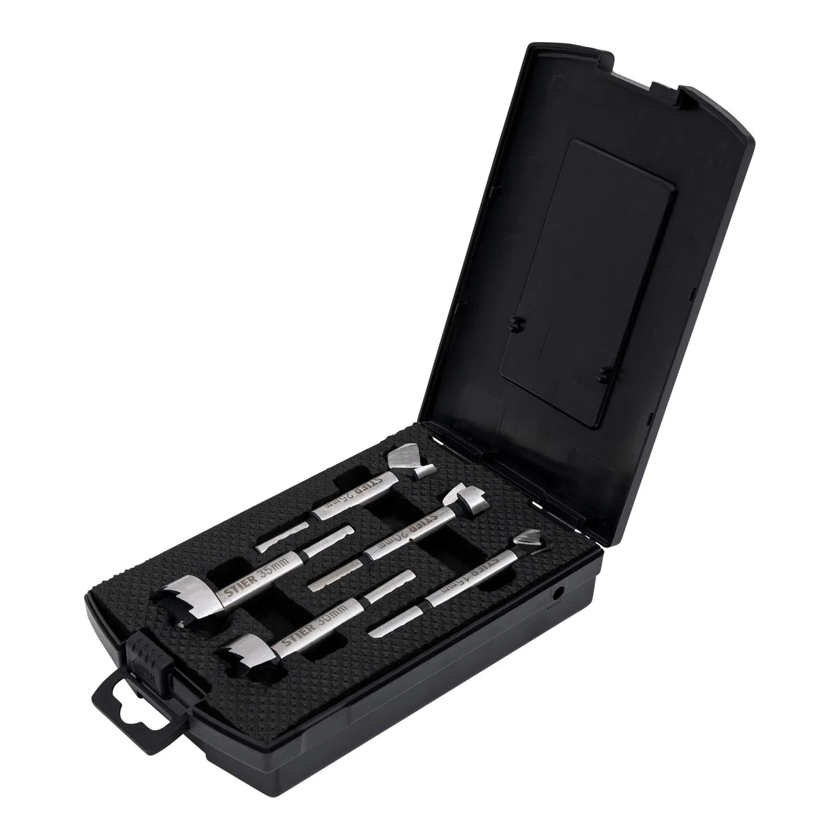 STIER hochwertiger Forstnerbohrer Set, 5-teilig in praktischer Kassette, Bohrergrößen: 15, 20, 25, 30, 35 mm mit 10 mm Schaft, geeignet für Hart- & Weichholz