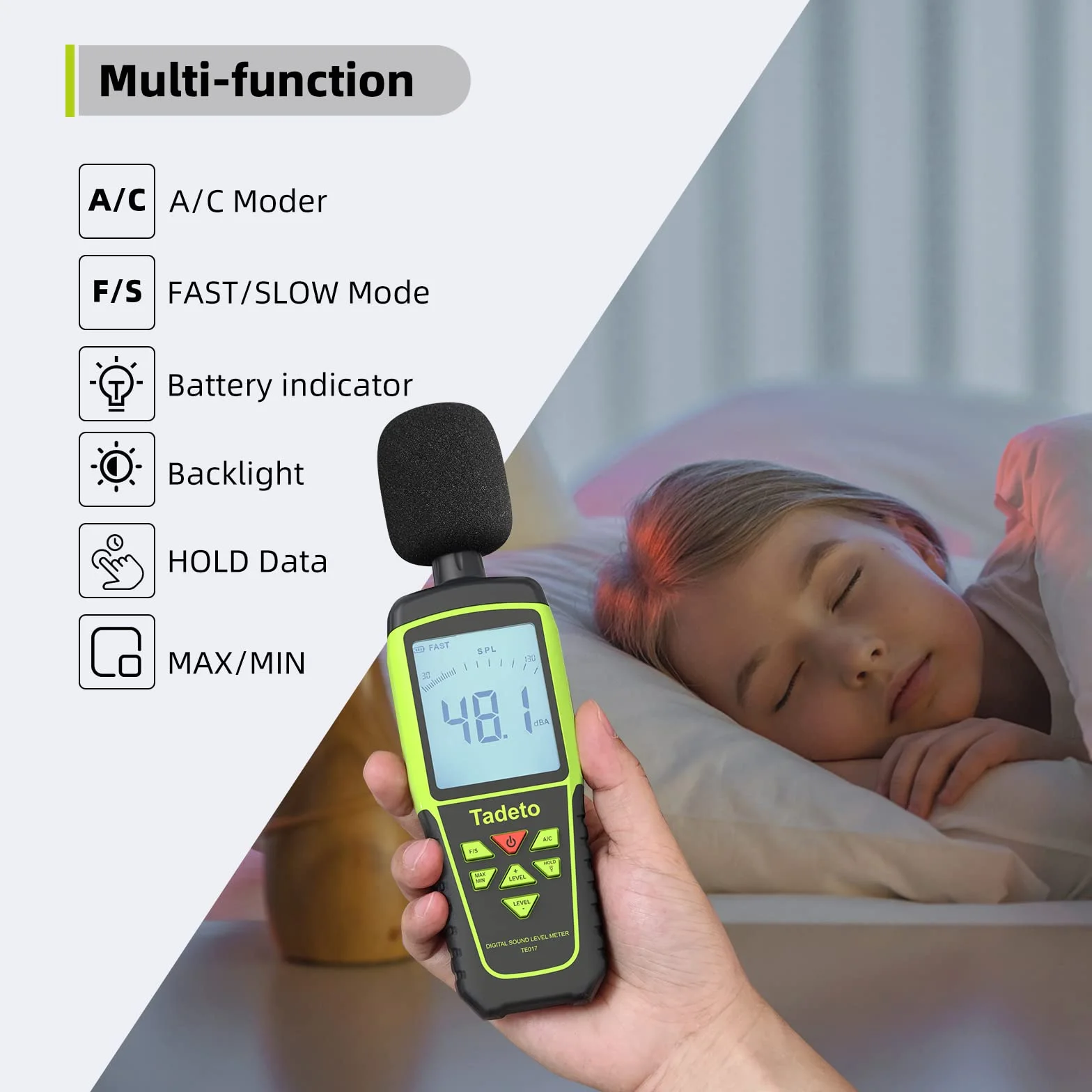 Dezibel Messgerät, Tadeto Schallpegelmesser Portable db Messgerät 30dB bis 130dB (5 Messbereich) Hintergrundbeleuchtung LCD-Display, MAX/MIN, akustische und visuelle Alarme, Data Hold, A/C-gewichtet