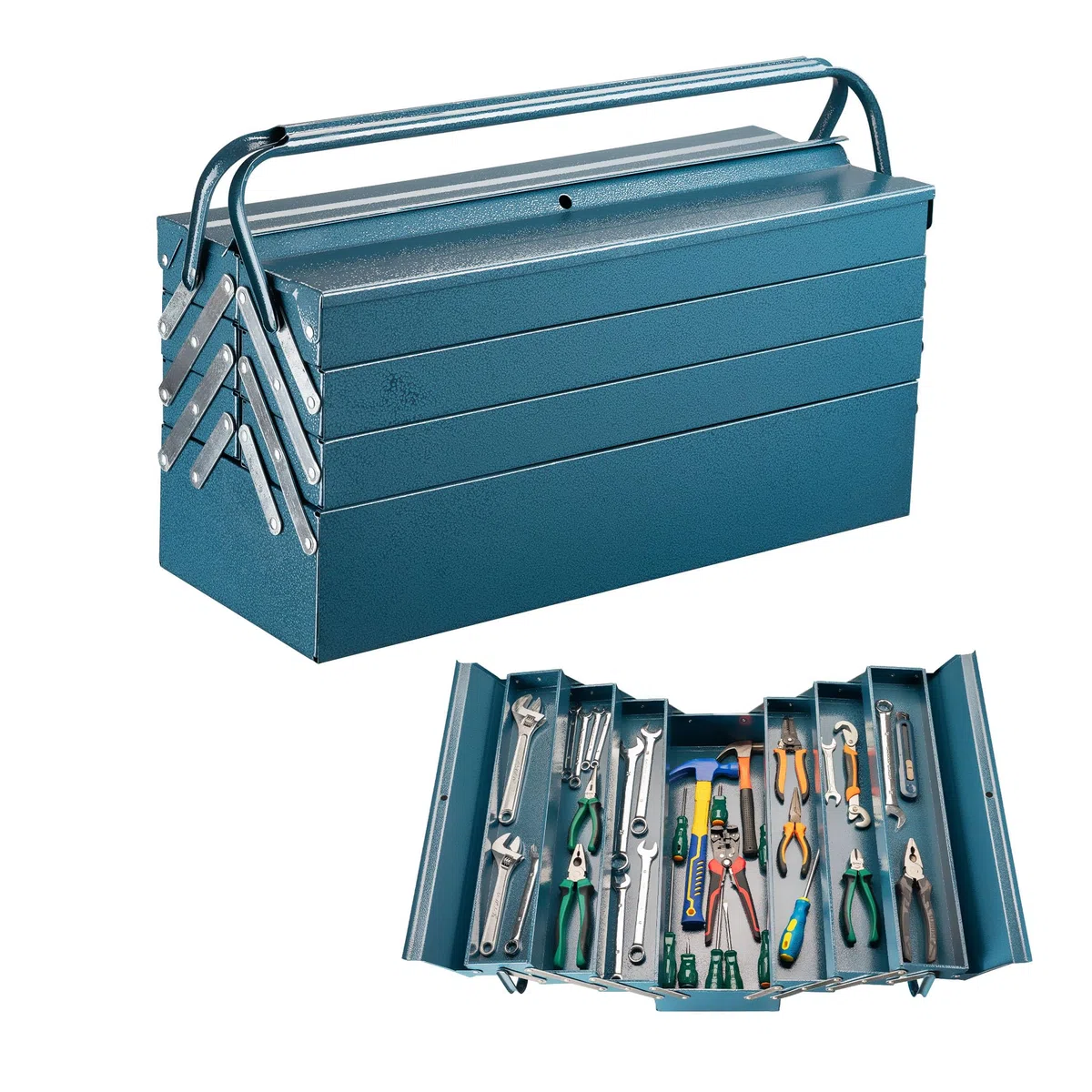 Wiltec Werkzeugkiste 530x200x250mm aus Stahl mit 7 Fächern, beständiger Werkzeugkasten mit Handgriff, Werkzeugbox