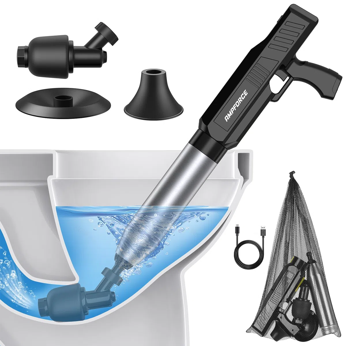Elektrischer WC Pümpel - 1-8 BAR verstellbarer Druckluft Rohrreiniger, 120° Anti-Spritz Saugglocke Toilette, USB-C Abflussreiniger Pumpe für WC Waschbecken Dusche Küche(Tintenschwarz)