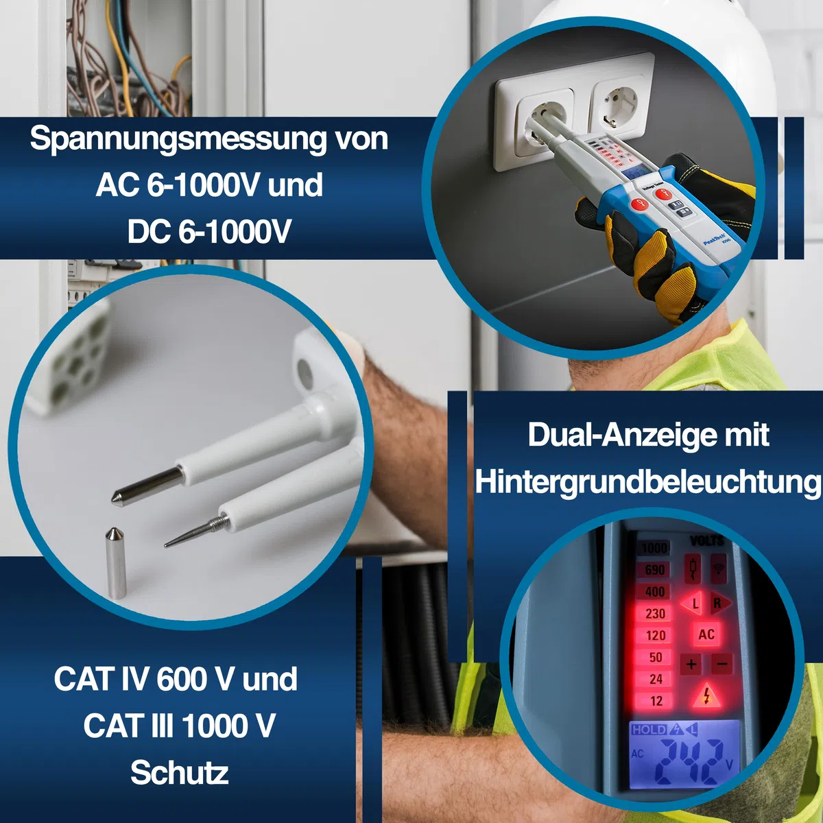 PeakTech P 1096 Stromprüfer Spannungsprüfer zweipolig + Dual Anzeige & FI-Test, Staub- & Wasser Schutz (IP64) LCD-Display + Taschenlampe, Durchgangsprüfer, Spannungsmesser 6V-1000V